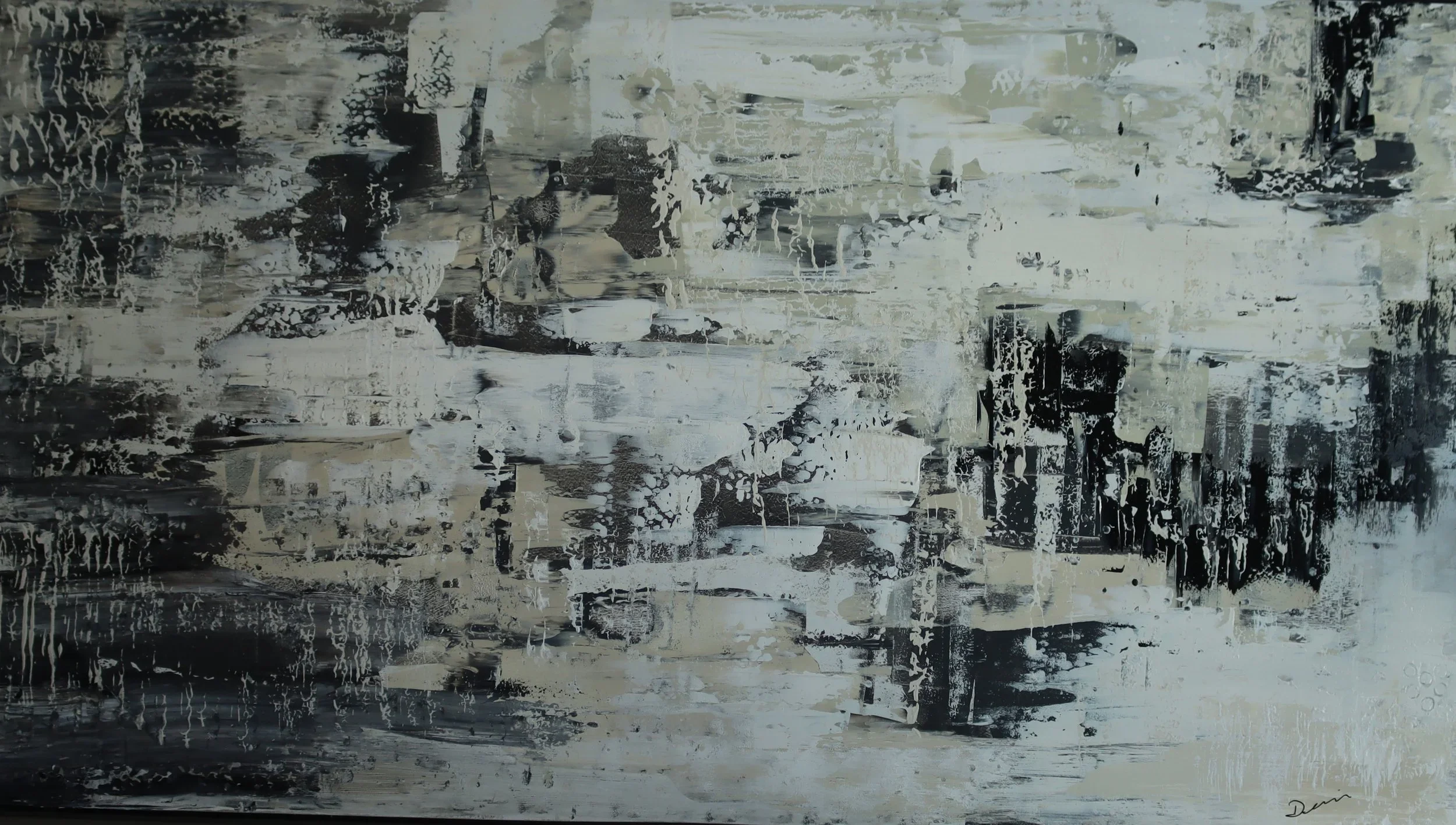 Large abstract acrylic in roiling charcoal and earth tones capturing winter weather colliding with urban structures — 73 x 41 inches — by Dennis Flaherty