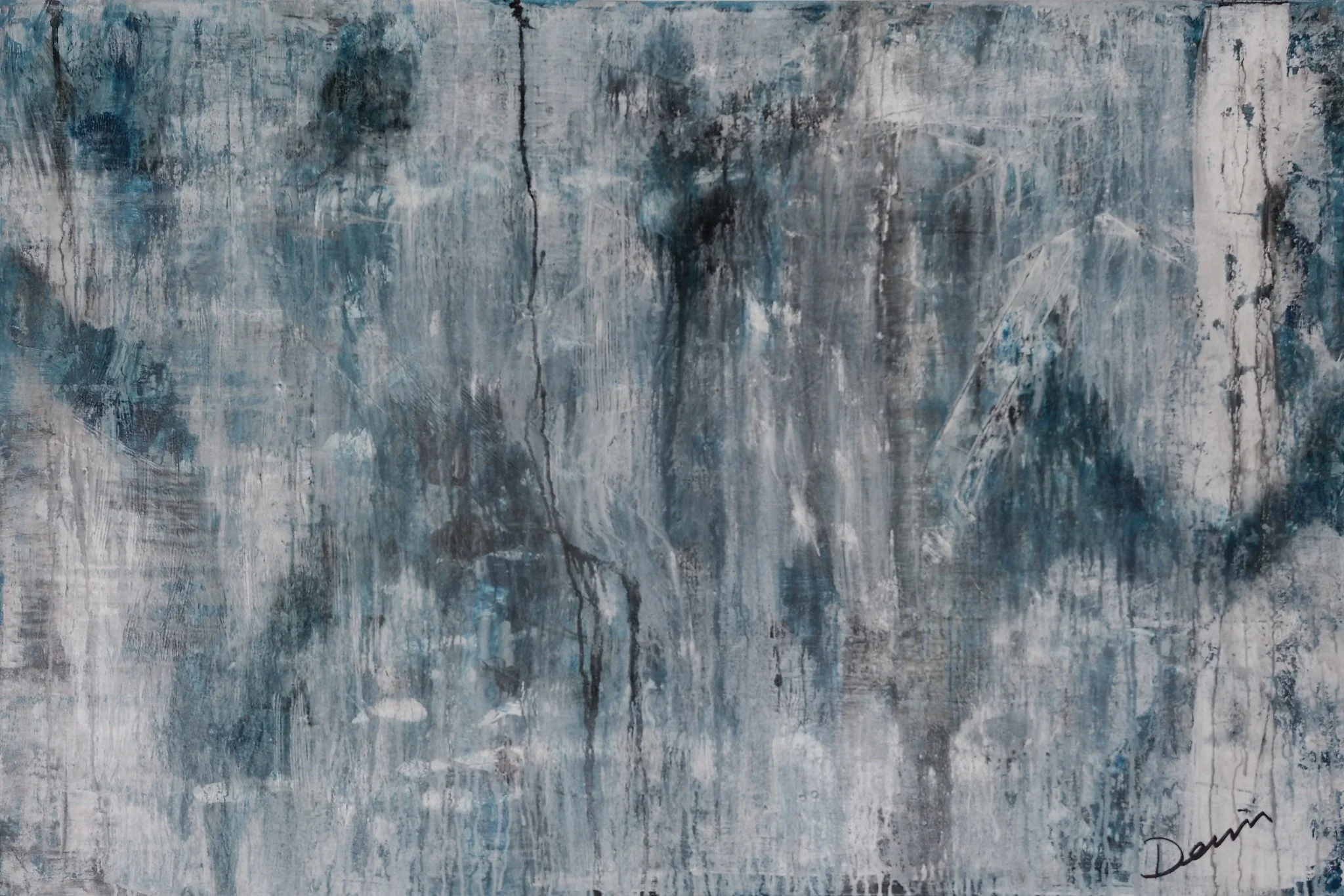 Large abstract acrylic in deep nocturnal blues and darks evoking the mysterious beauty of a waterfall at night — 60 x 40 inches — by Dennis Flaherty