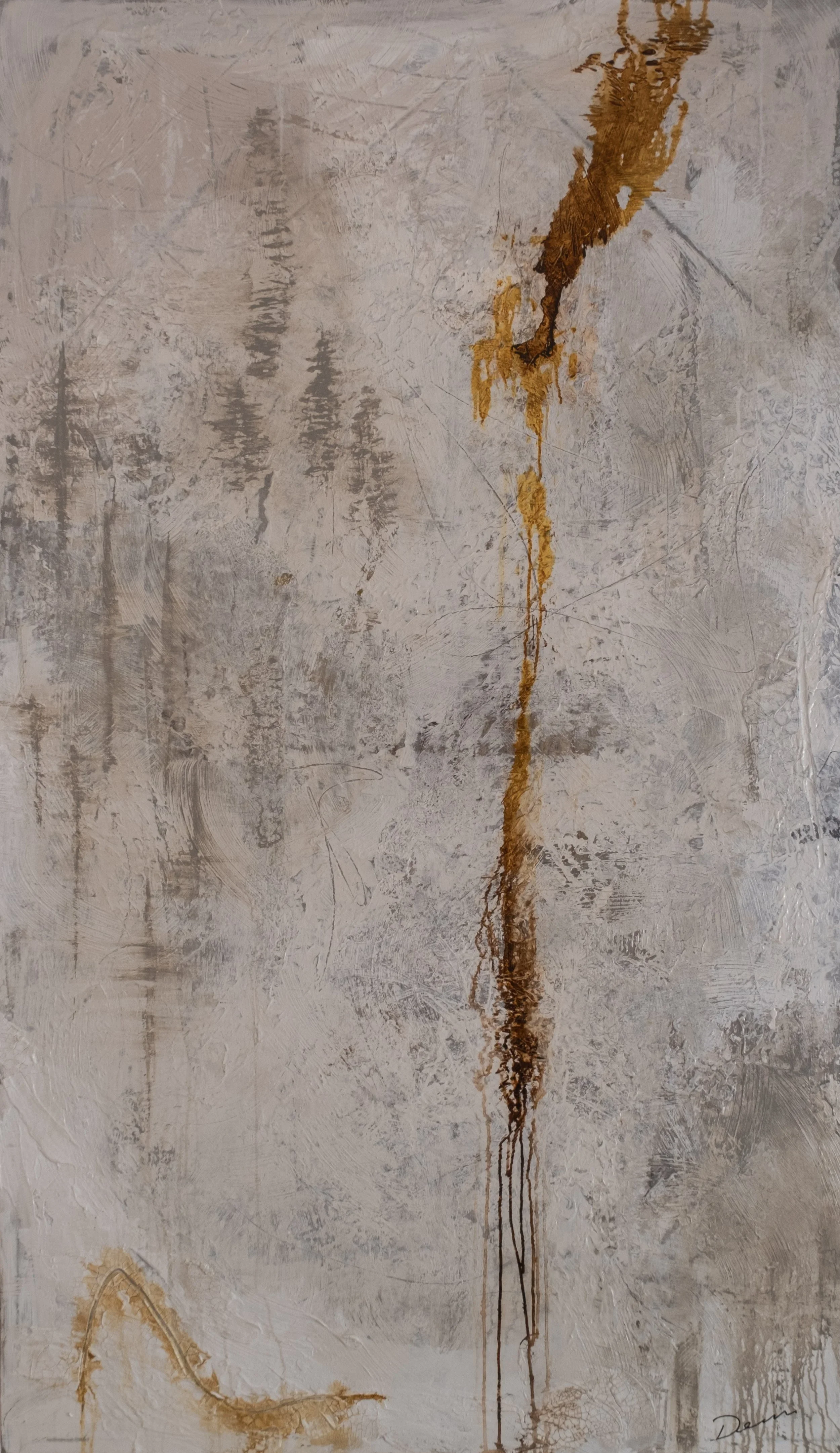 Monumental vertical abstract acrylic in rich layered earth tones — Dennis Flaherty's largest painting at 48 x 80 inches