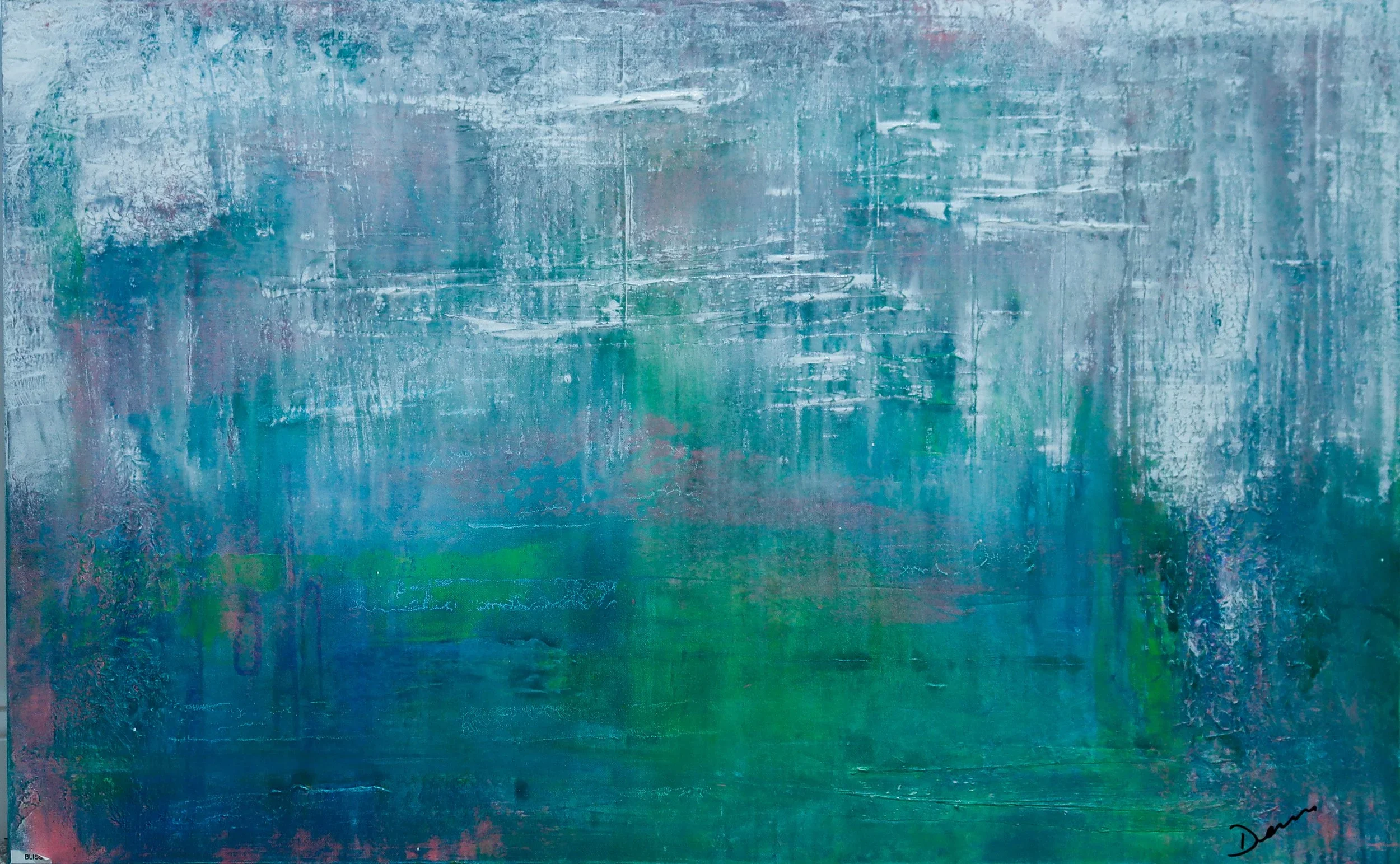 Abstract acrylic in a Monet-inspired palette of luminous color and light evoking joy and wonder — 48 x 30 inches — by Dennis Flaherty