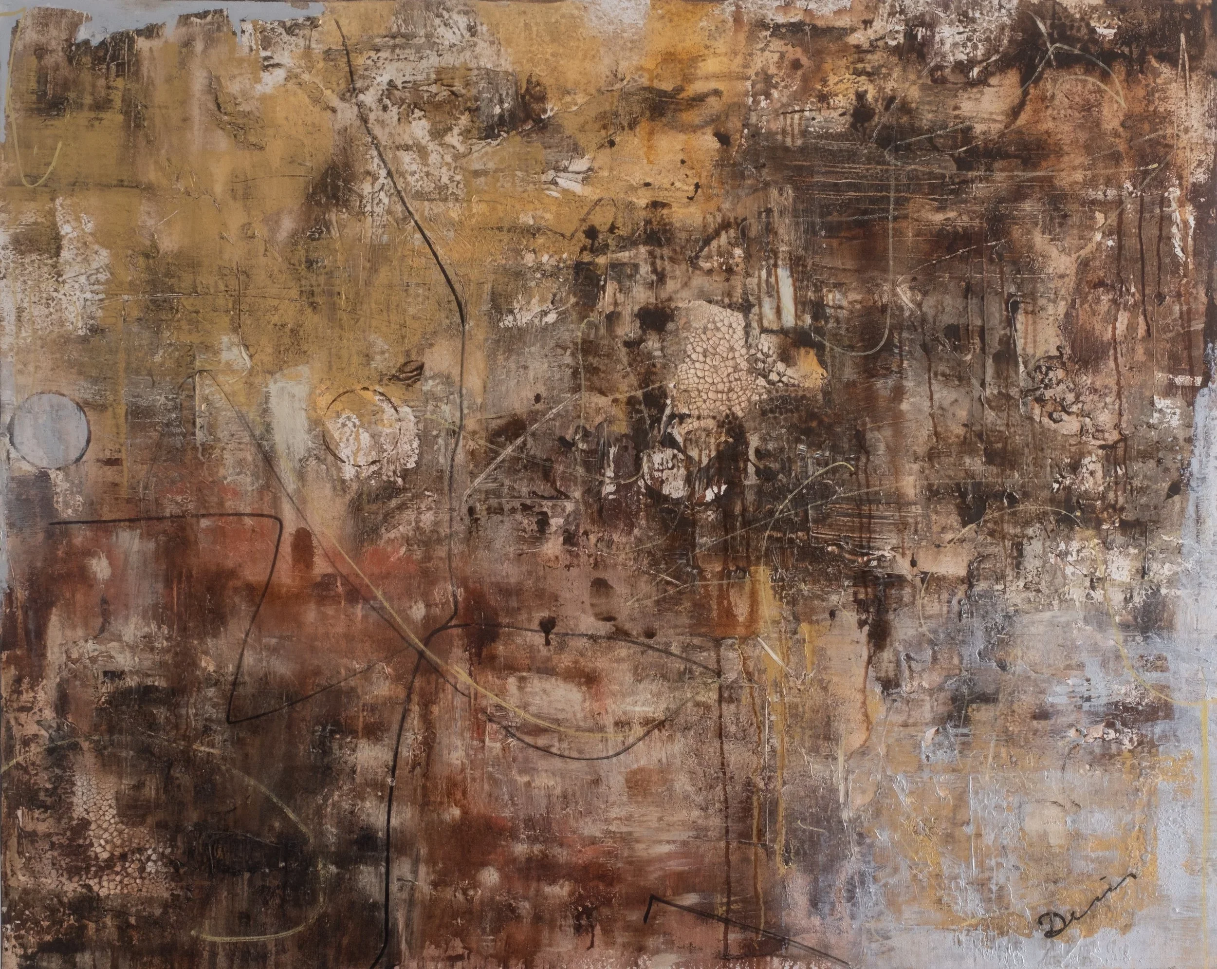 Large abstract acrylic in burnished bronze, copper, gold, and silver with rich layered texture inspired by earth minerals — 60 x 40 inches — by Dennis Flaherty