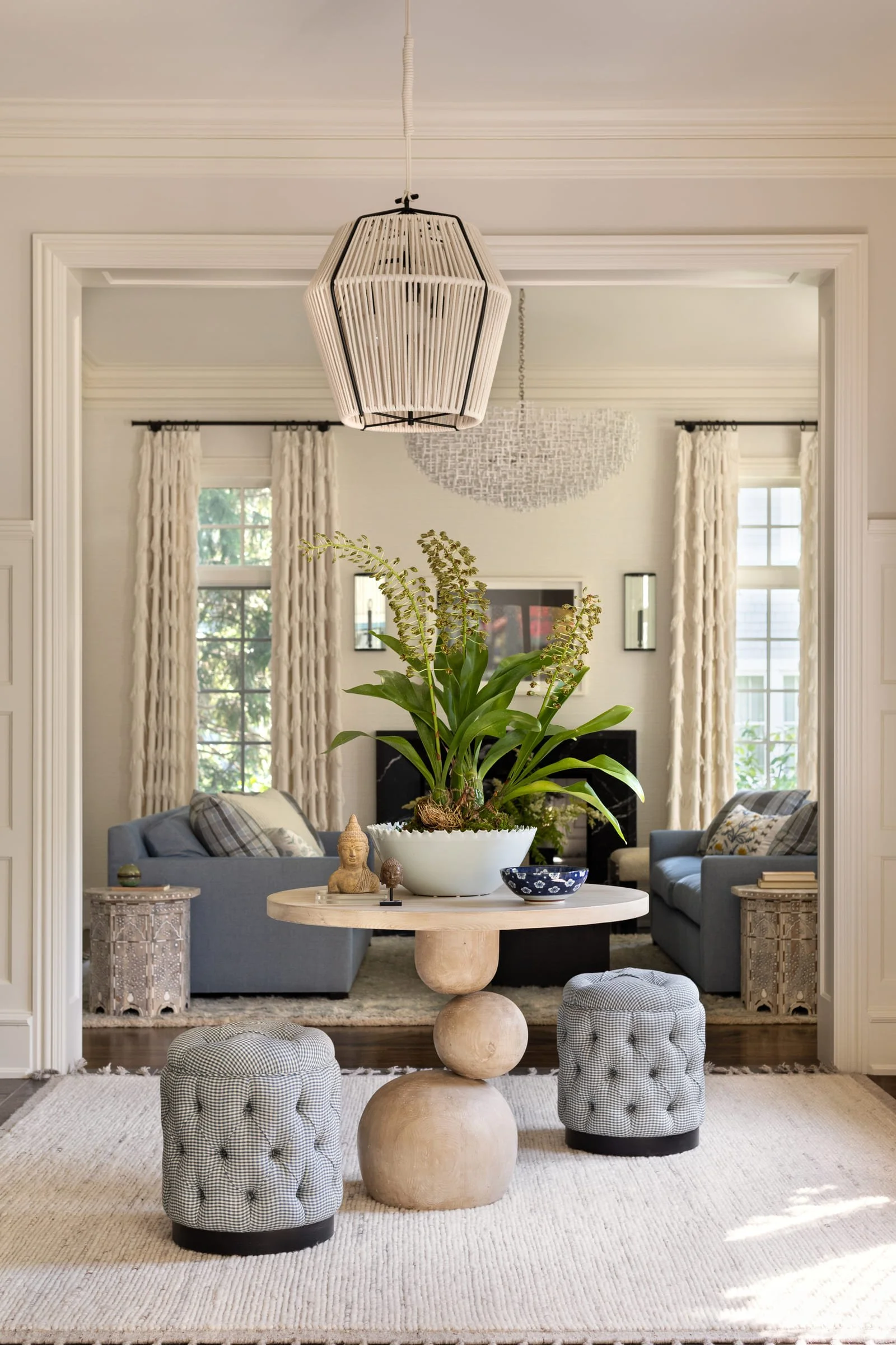 Modern residential interior with layered natural materials
