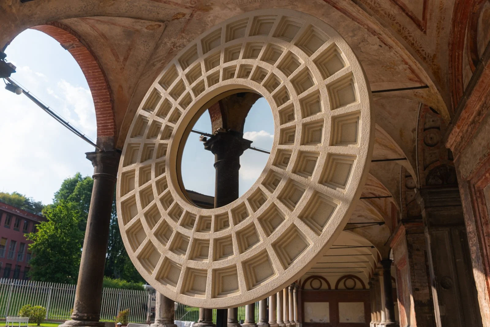 Pantheon mirror by Francesco Maria Messina, a circular sculptural mirror inspired by the coffered dome and oculus of the Roman Pantheon