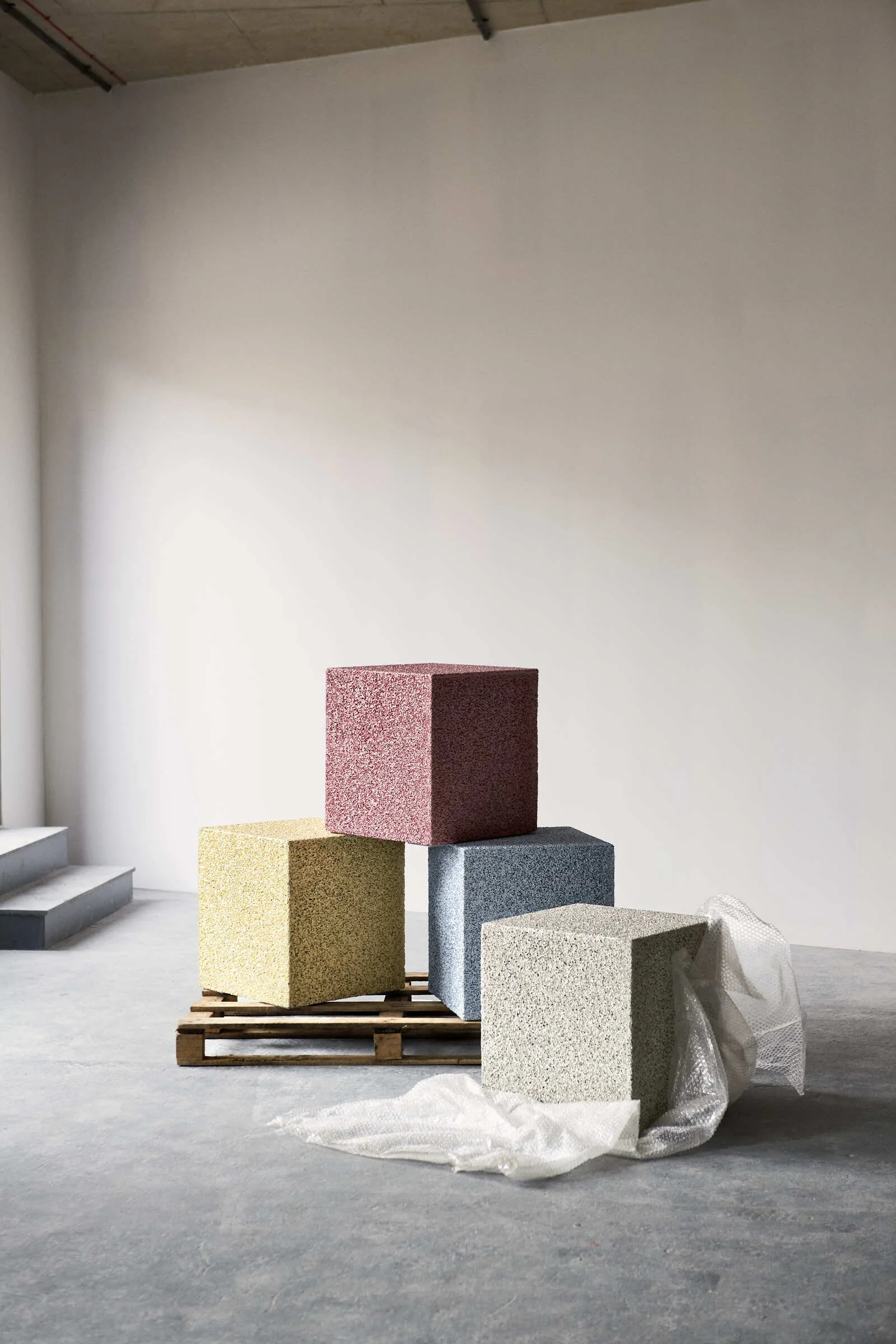 SLAB table and SugarCubes sculptural furniture by Jordan Keaney Studio