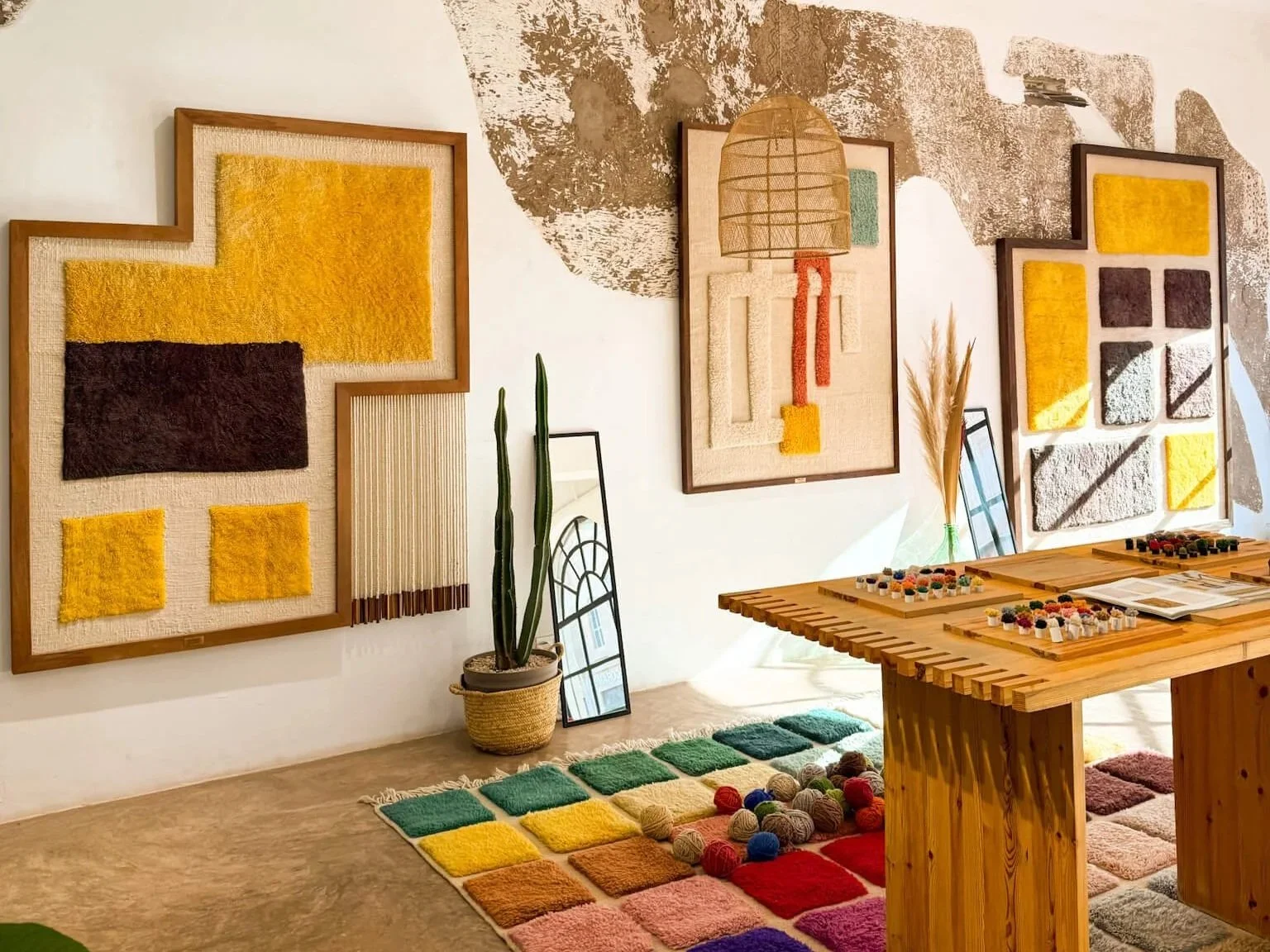 Interior of an art and craft store with colorful wall hangings, a wooden table displaying jewelry, a potted plant, a mirror, and a multicolored rug on a concrete floor.