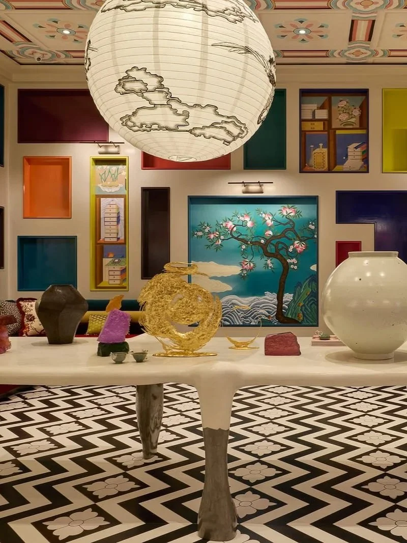 Benjamin Moore Minhwa Salon at WOW!house 2026, lacquered walls with 55 gloss-paint colour boxes