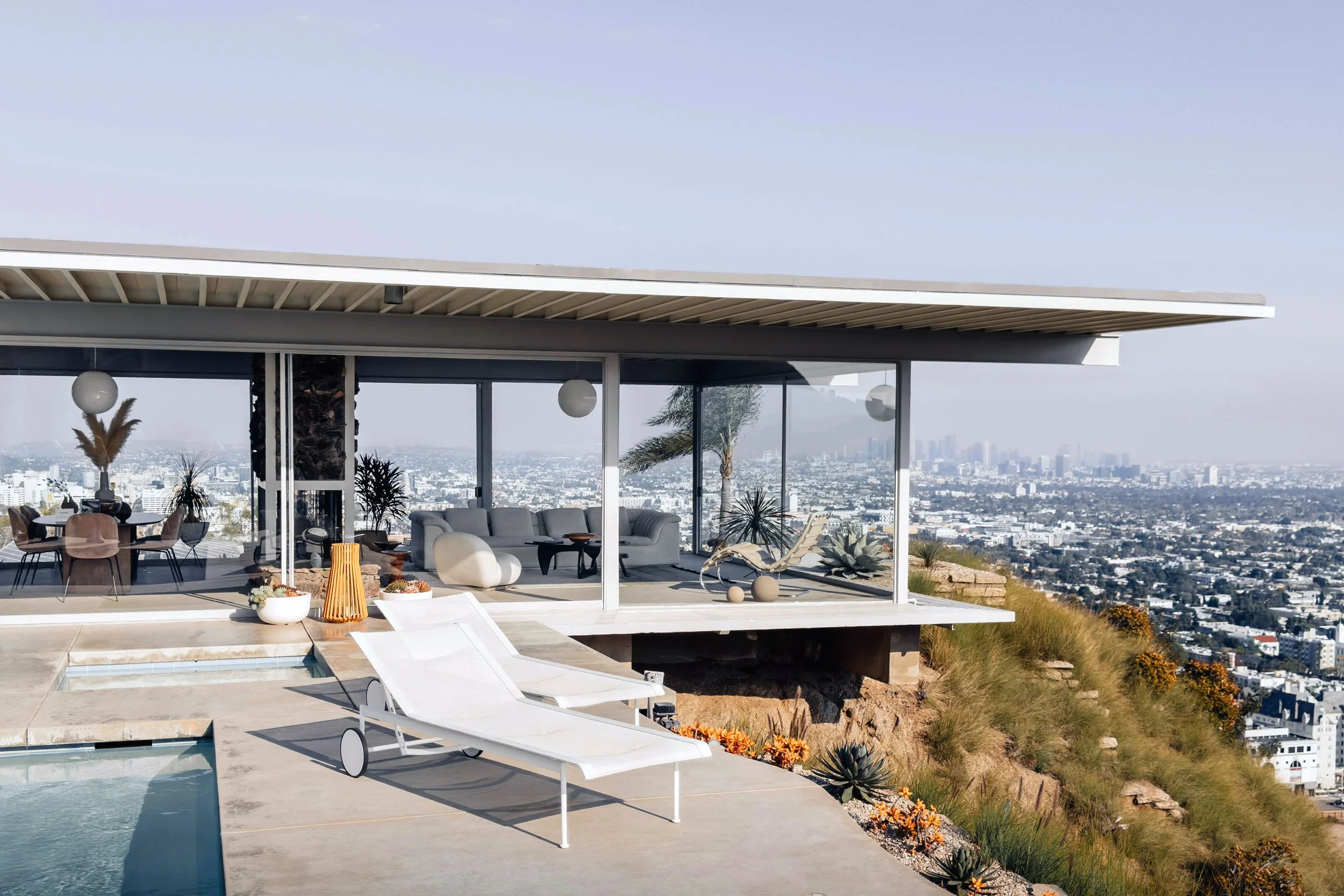Stahl House in Los Angeles designed by Pierre Koenig with glass walls overlooking the Hollywood Hills