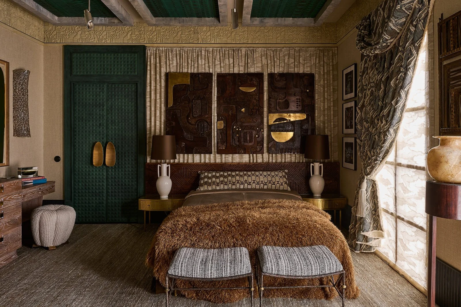 Hand-carved headboard and Jean-Michel Frank armchair in the Misia Bedroom Suite, WOW!house 2026