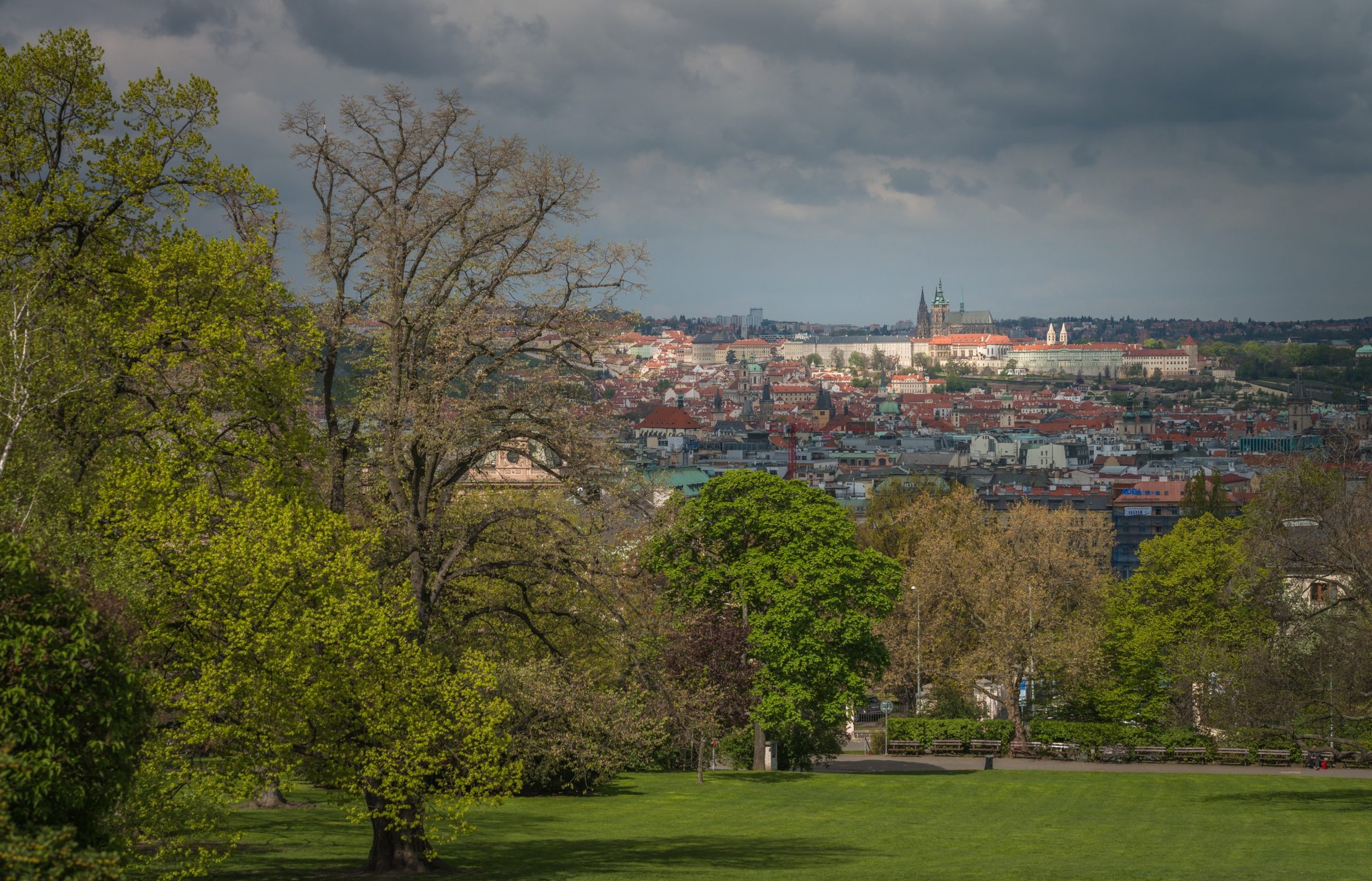 Prague city skyline viewed from Riegrovy Sady park