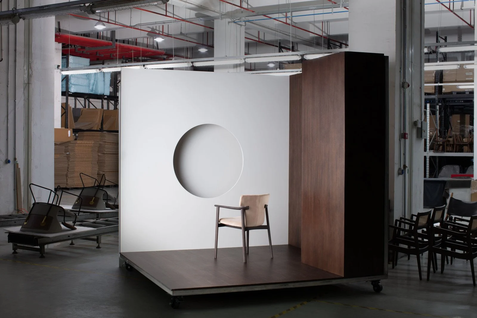 Timothy Armchair and Dining Table by Yabu Pushelberg for Stellar Works at FRAMING exhibition