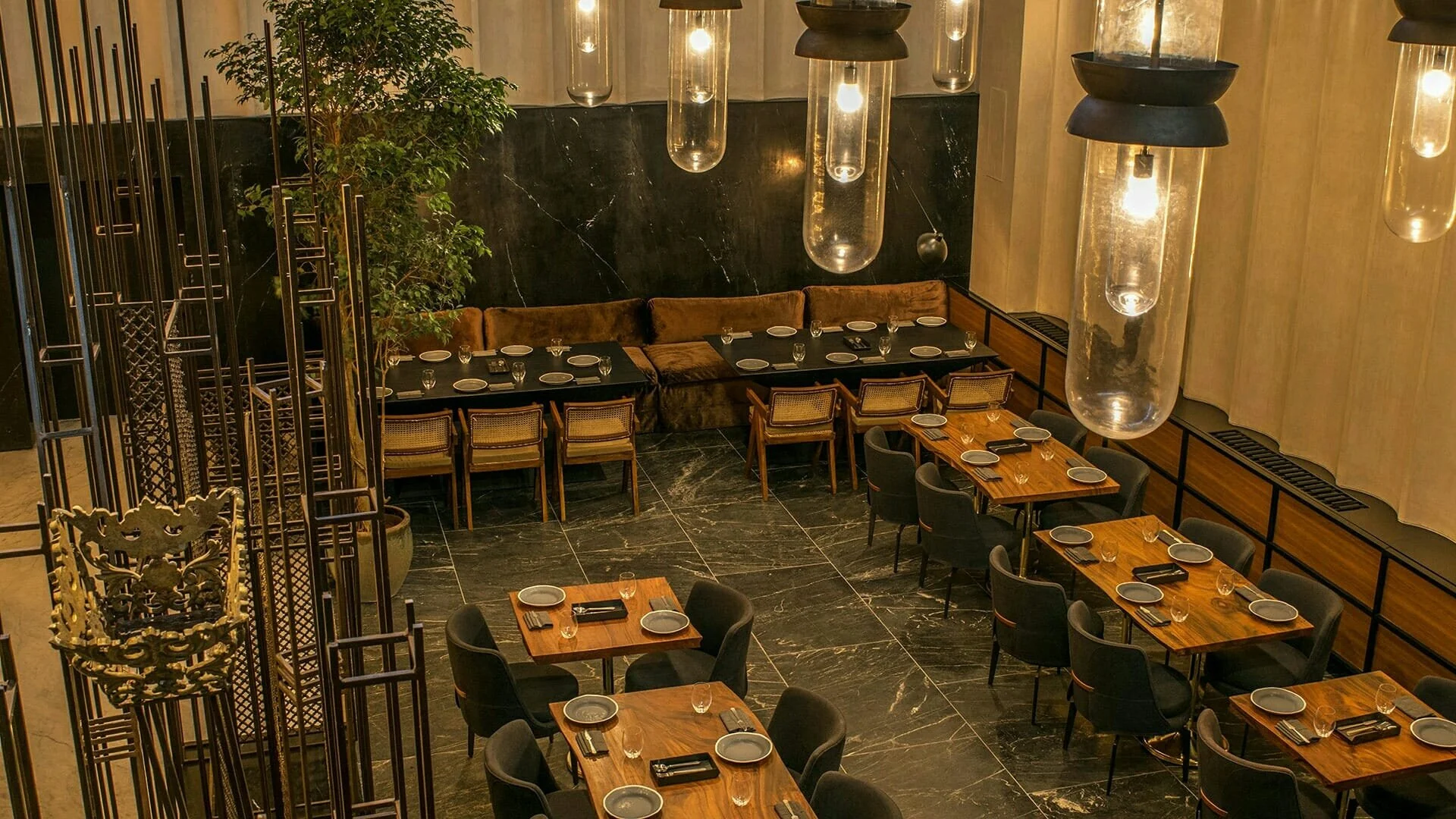 Interior of Masque restaurant in Mumbai's former mill district.