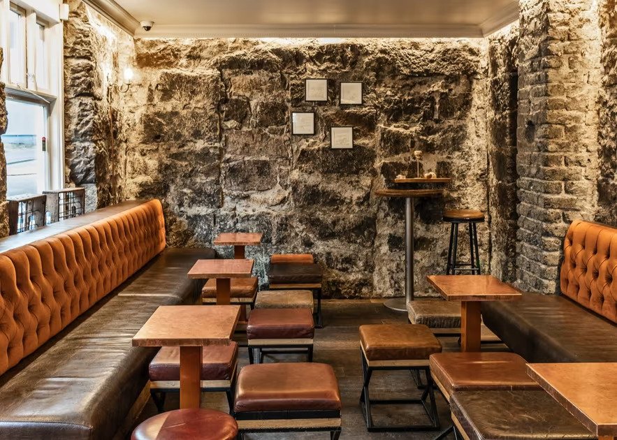 Stone-walled interior of Kaldi Wine Bar in central Reykjavík