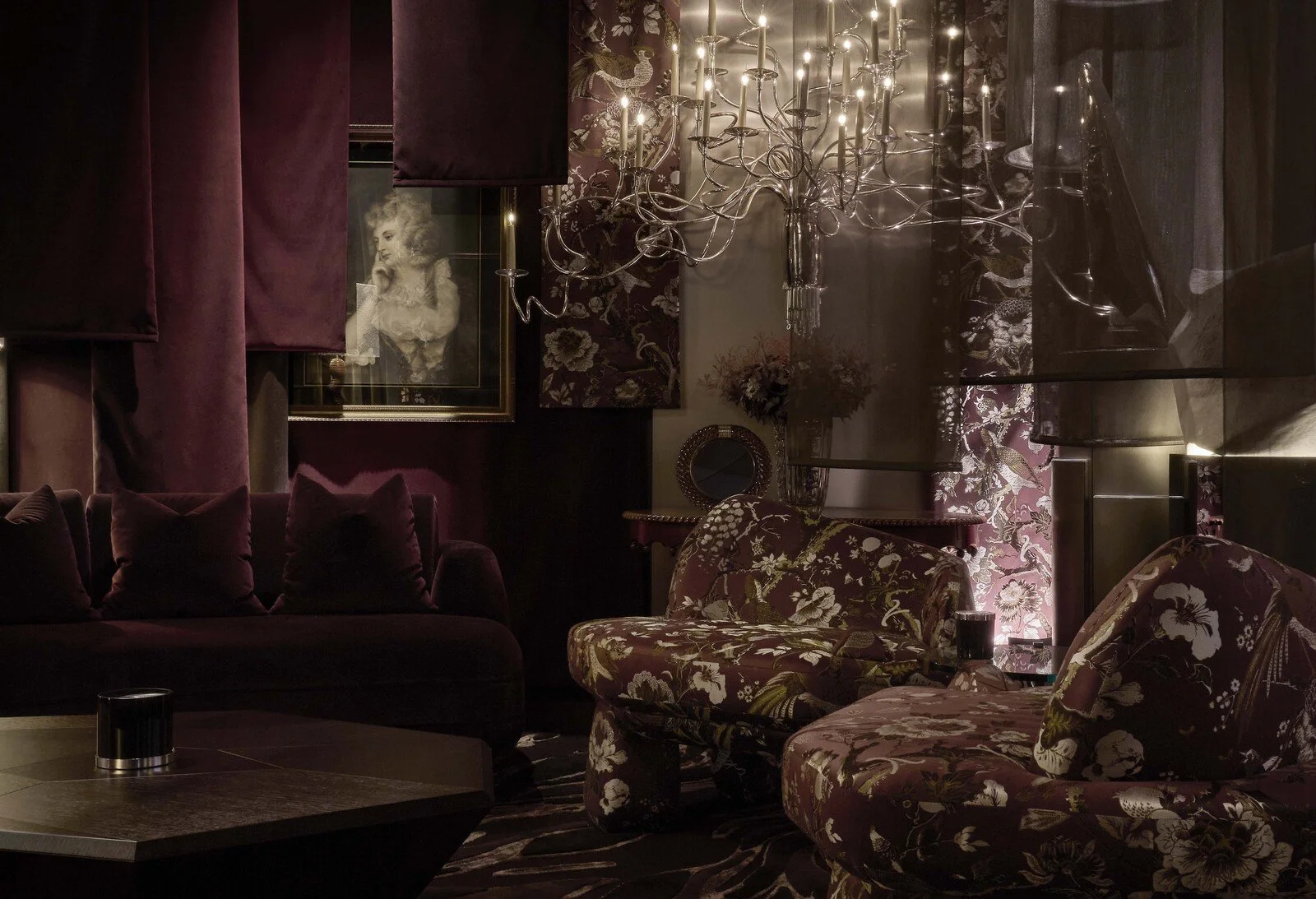 Cascading drapery and silver wall light by Nick Jones in The Parlour, WOW!house 2026
