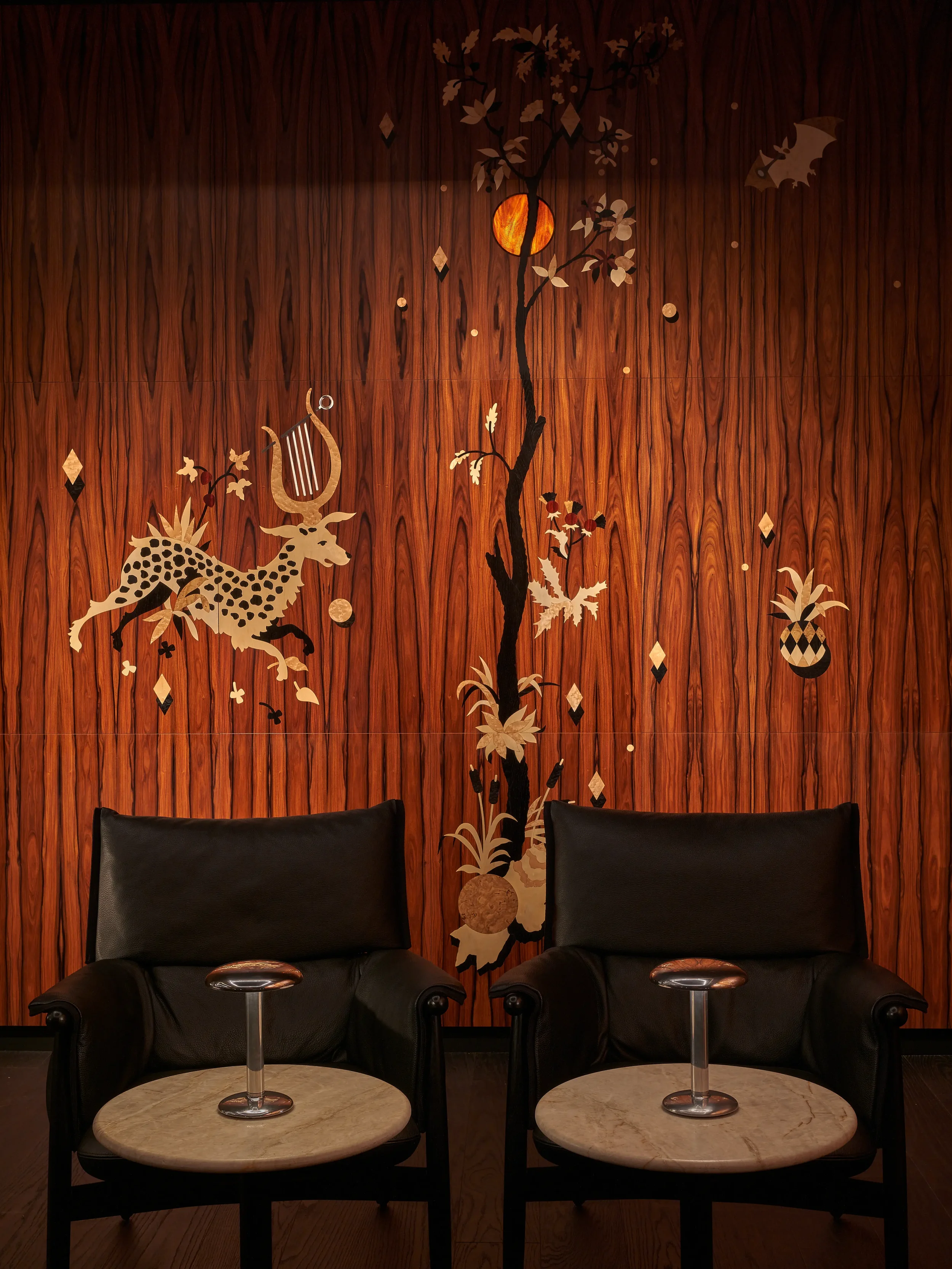 Forbína Cocktail Bar Prague featuring detailed wood marquetry interiors