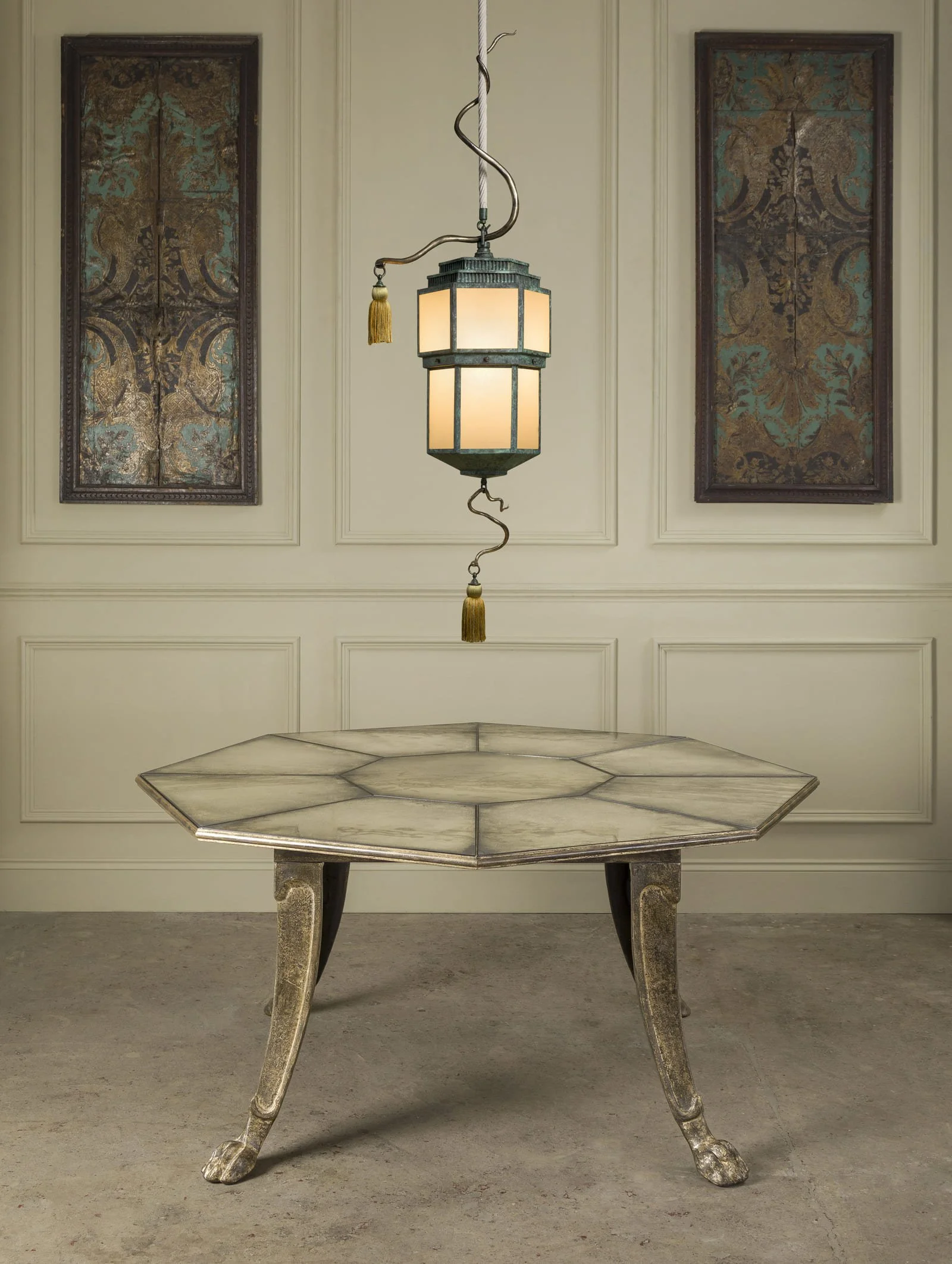 Bespoke Cox London lantern and table showcasing traditional craftsmanship