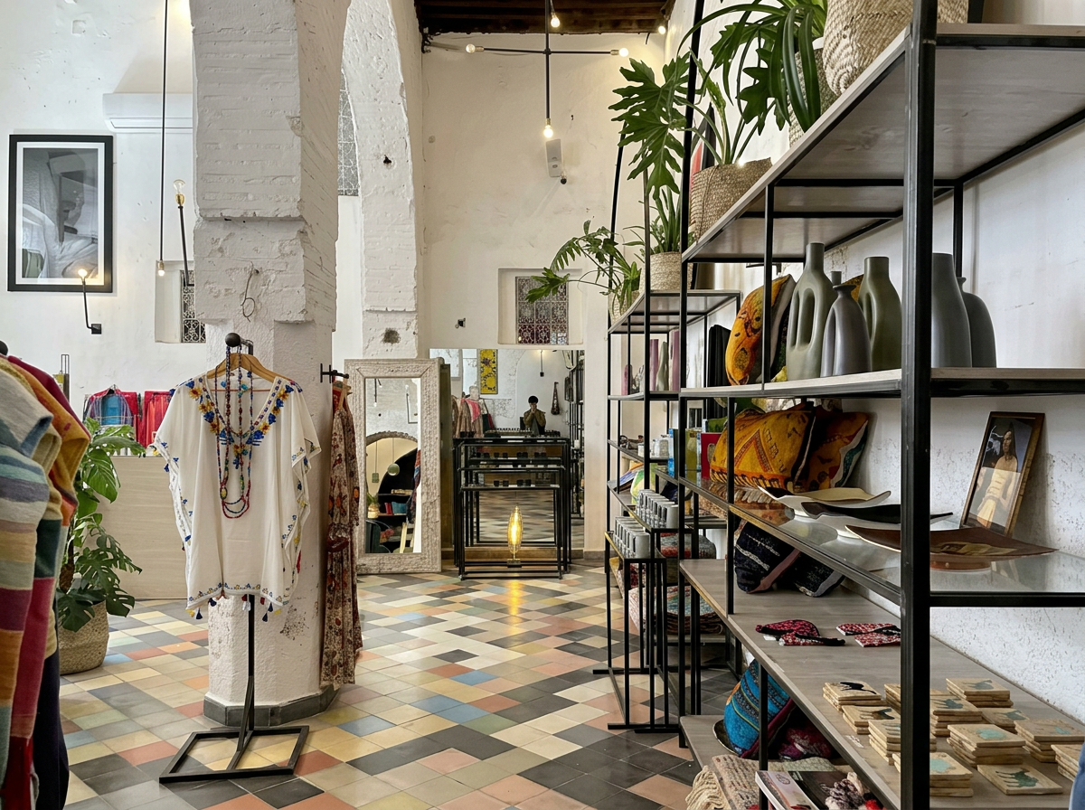 Colourful concept store Different in Marrakech featuring contemporary Moroccan fashion, ceramics and home accessories.