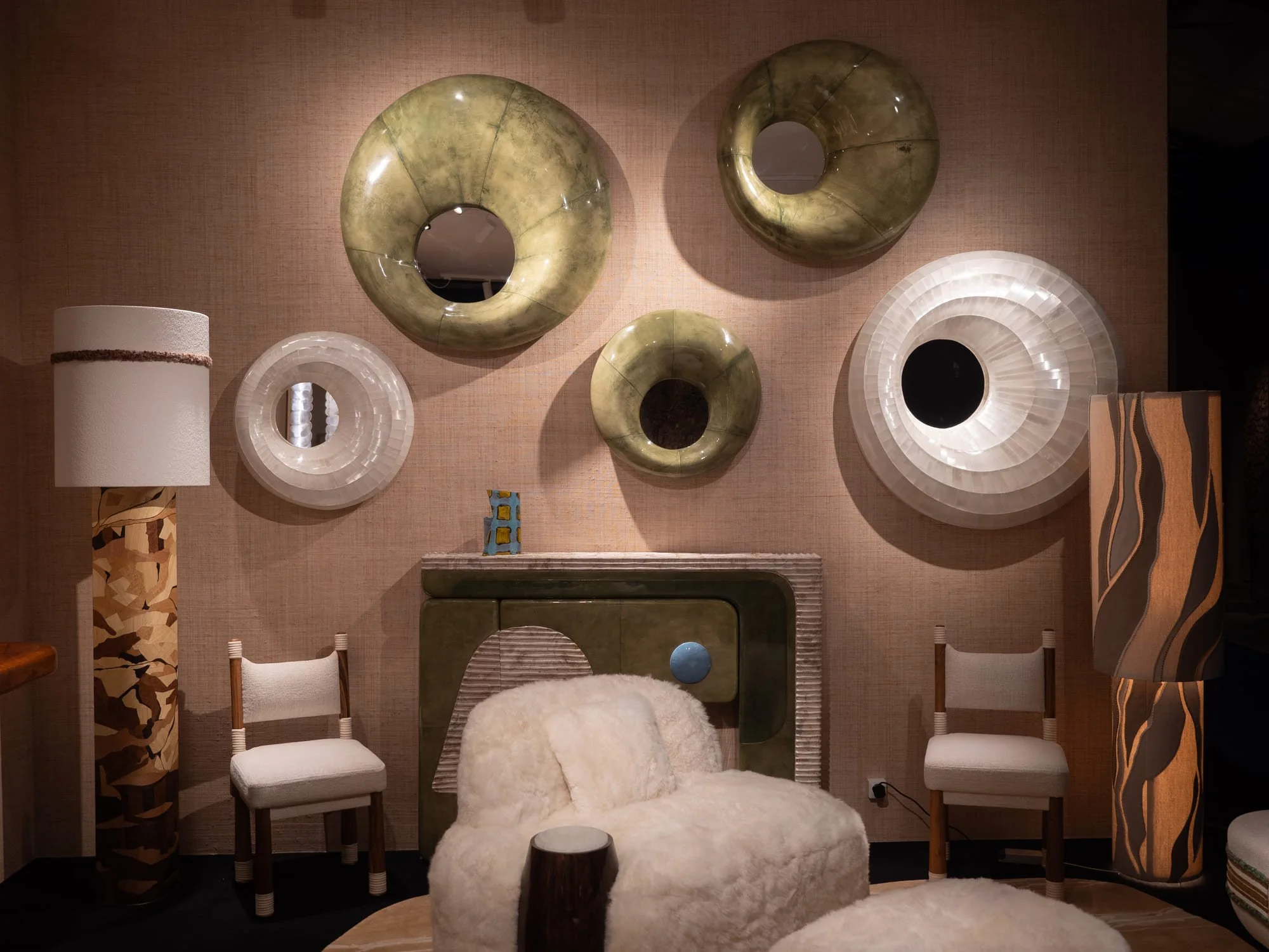 Warm autumnal palette and tactile materials in Stéphanie Coutas’s interior presentation at PAD London 2026.