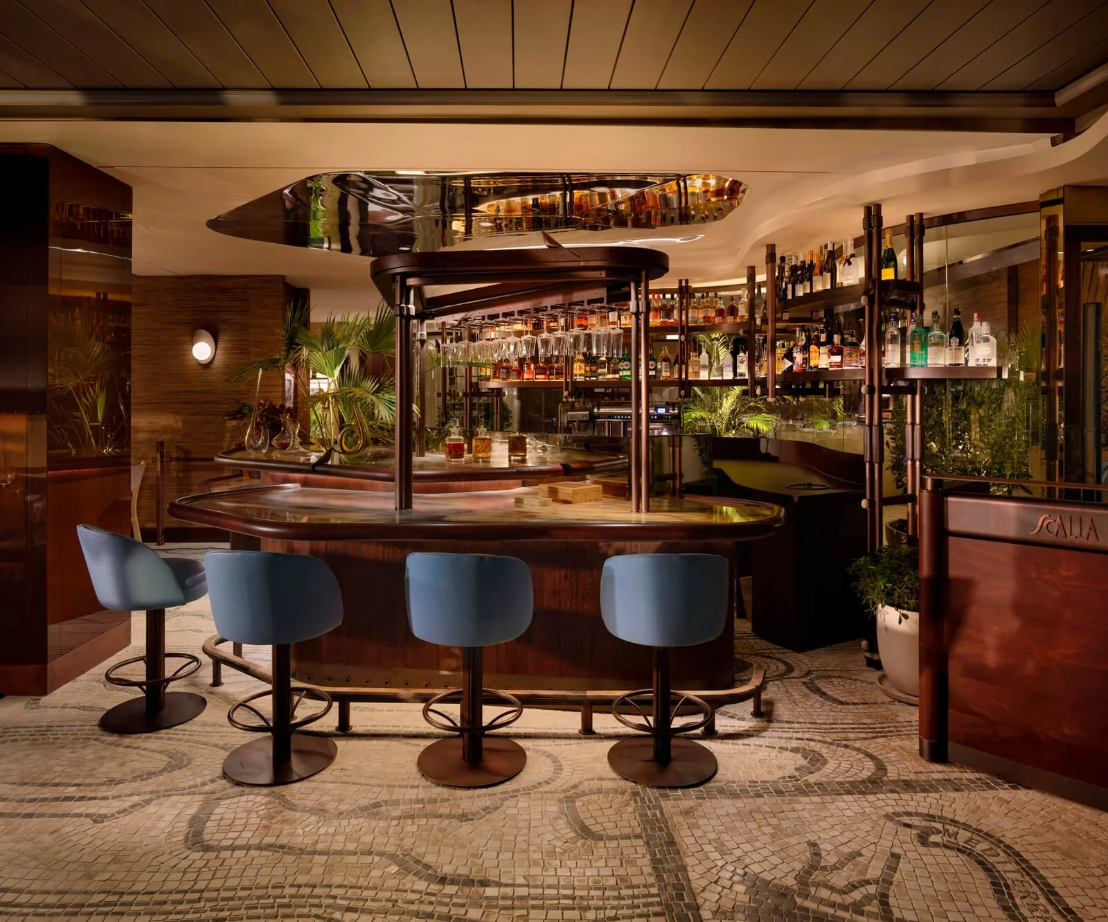 Restaurant bar area with layered lighting and textures