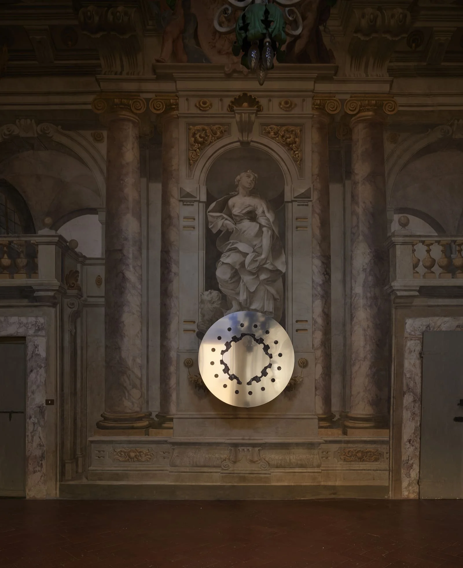 Bramante mirror by Francesco Maria Messina, a circular stone and mirror intarsia based on the floor plan of Bramante's Tempietto in Rome
