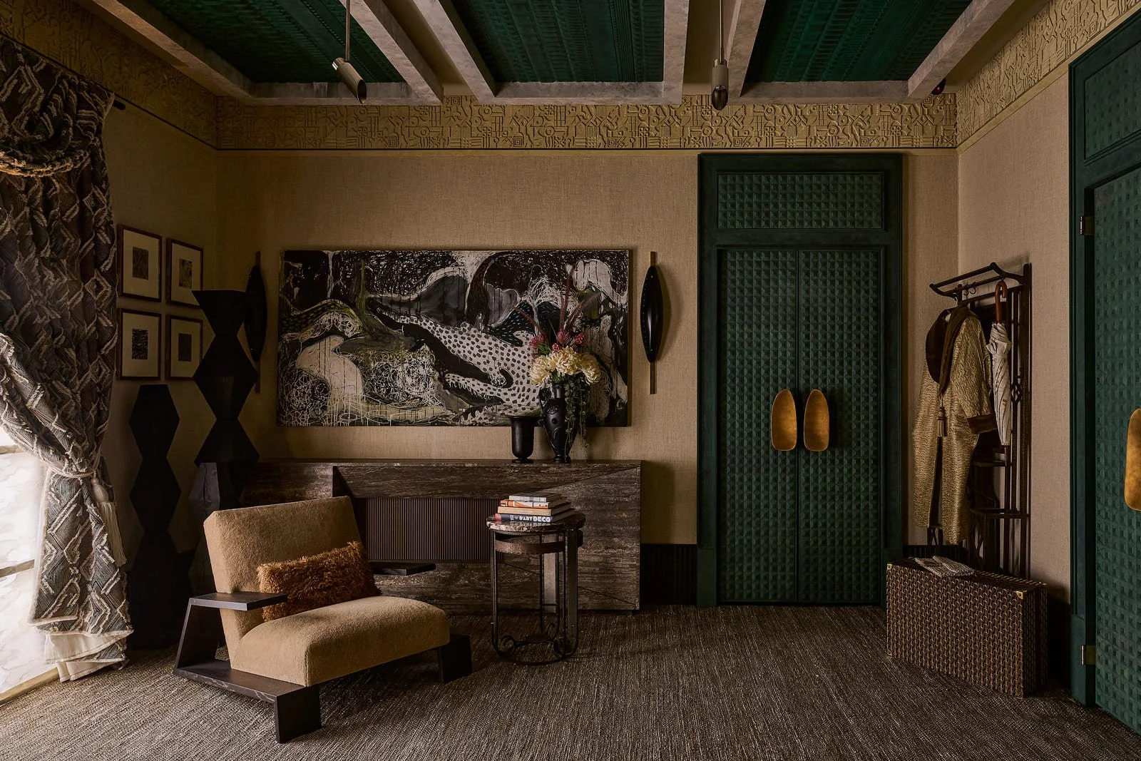 Bedroom suite at WOW!house 2026 with Misia Riviera du Levant curtains, designed by Henri Fitzwilliam-Lay