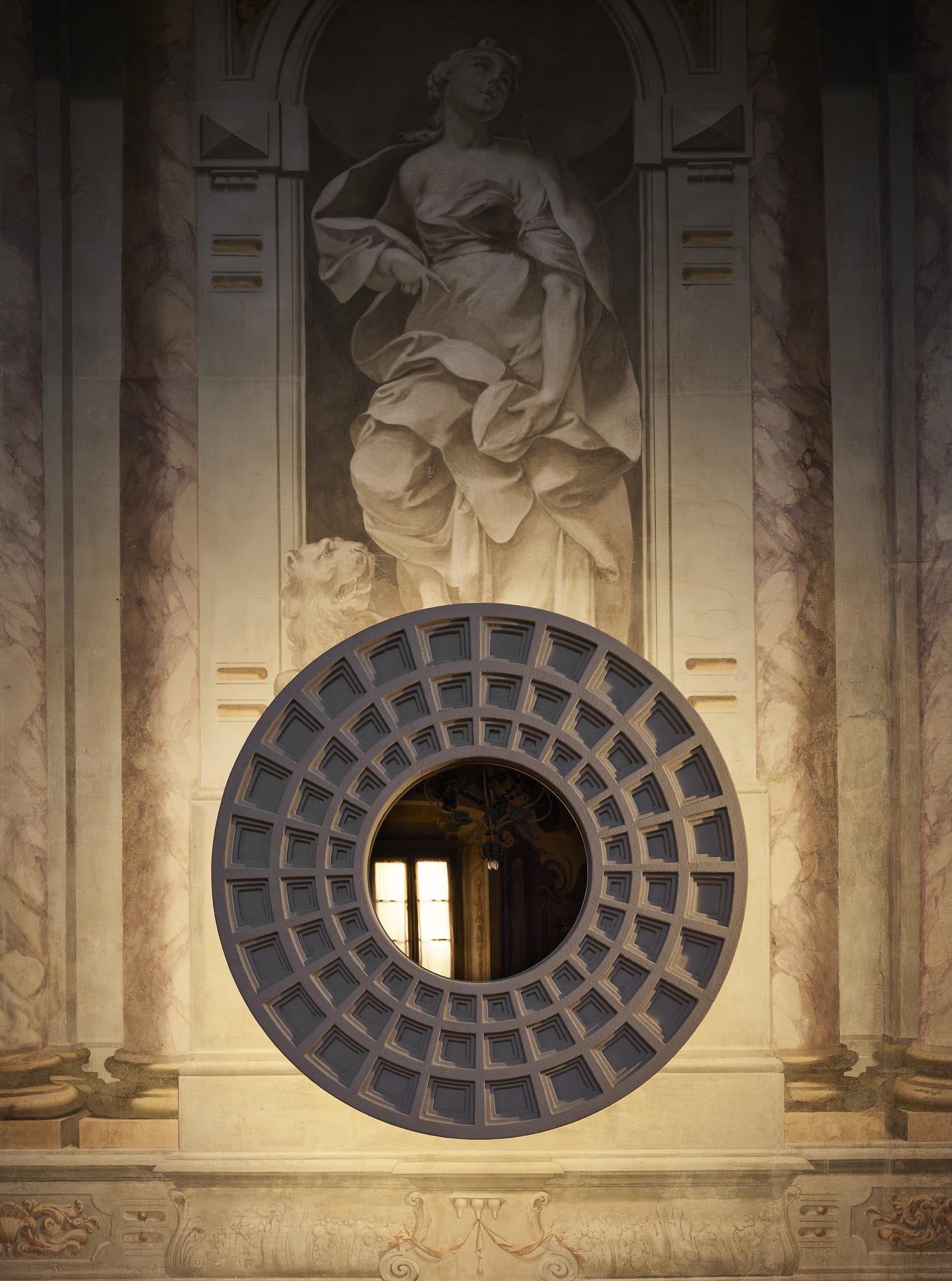 Pantheon mirror by Francesco Maria Messina, a circular sculptural mirror inspired by the coffered dome and oculus of the Roman Pantheon