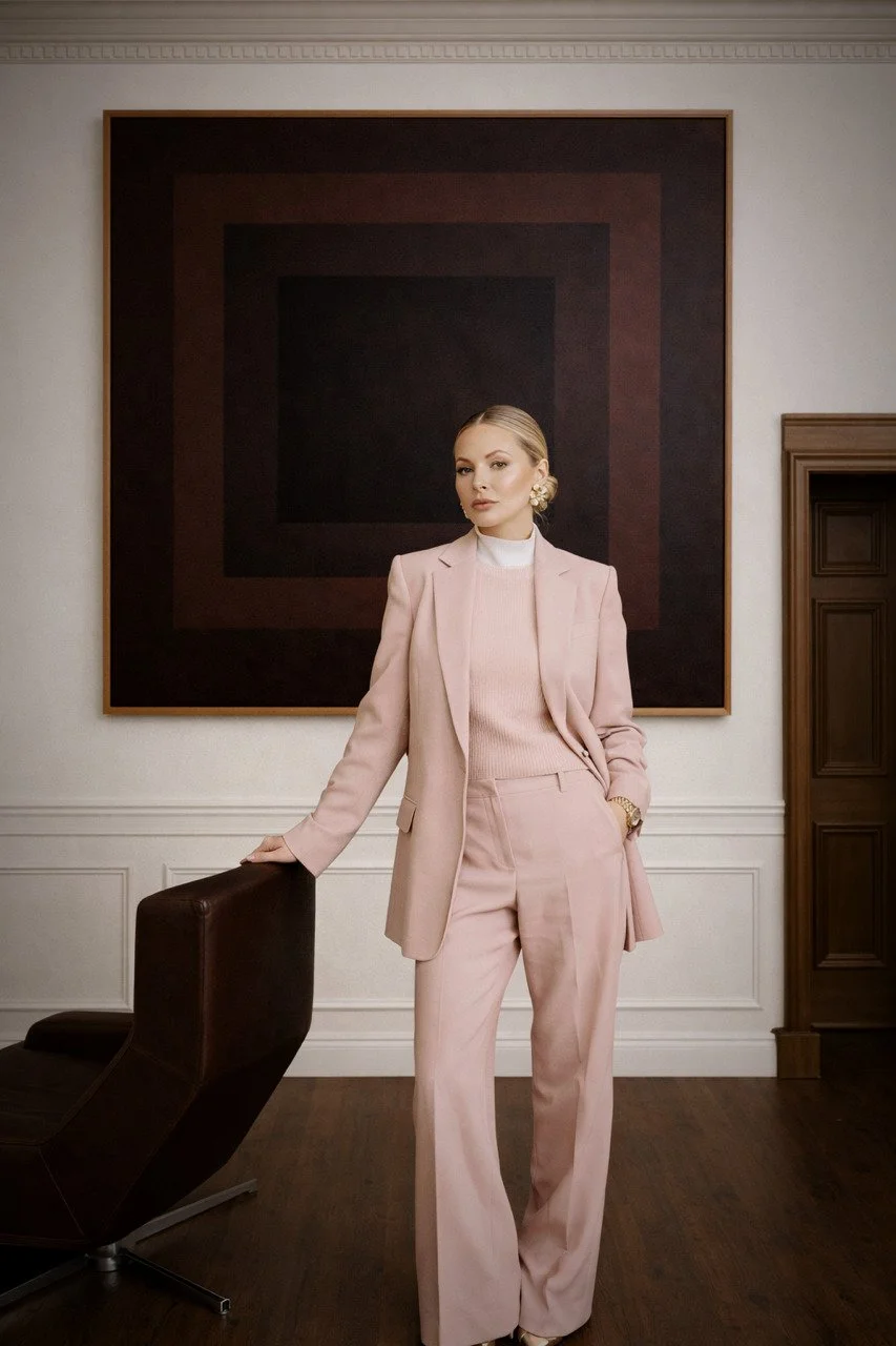 Portrait of an artist Anna Sophia Rydgren in front of a brown artwork.