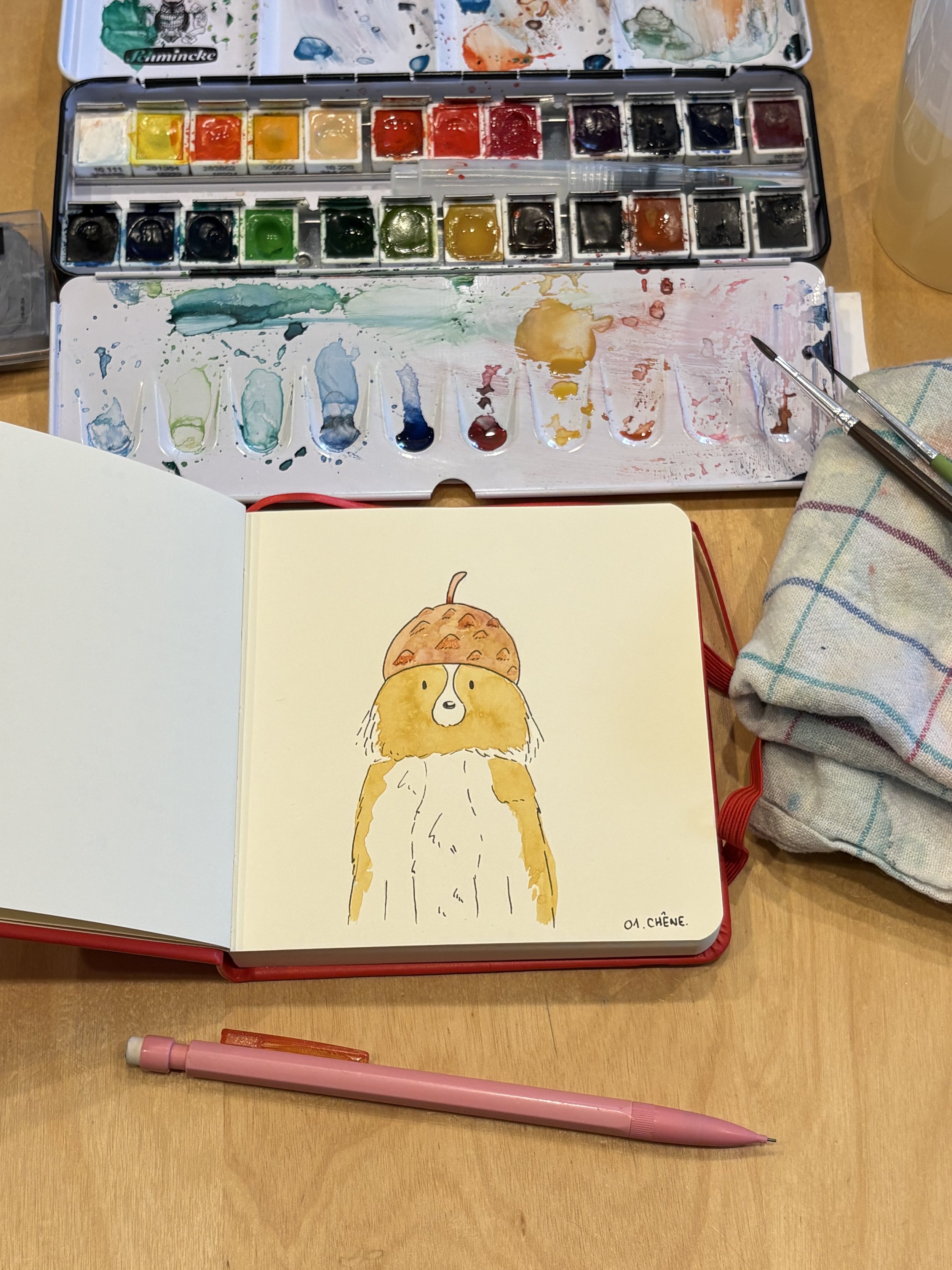 Illsutration aquarelle shetland peachtober avec matériel