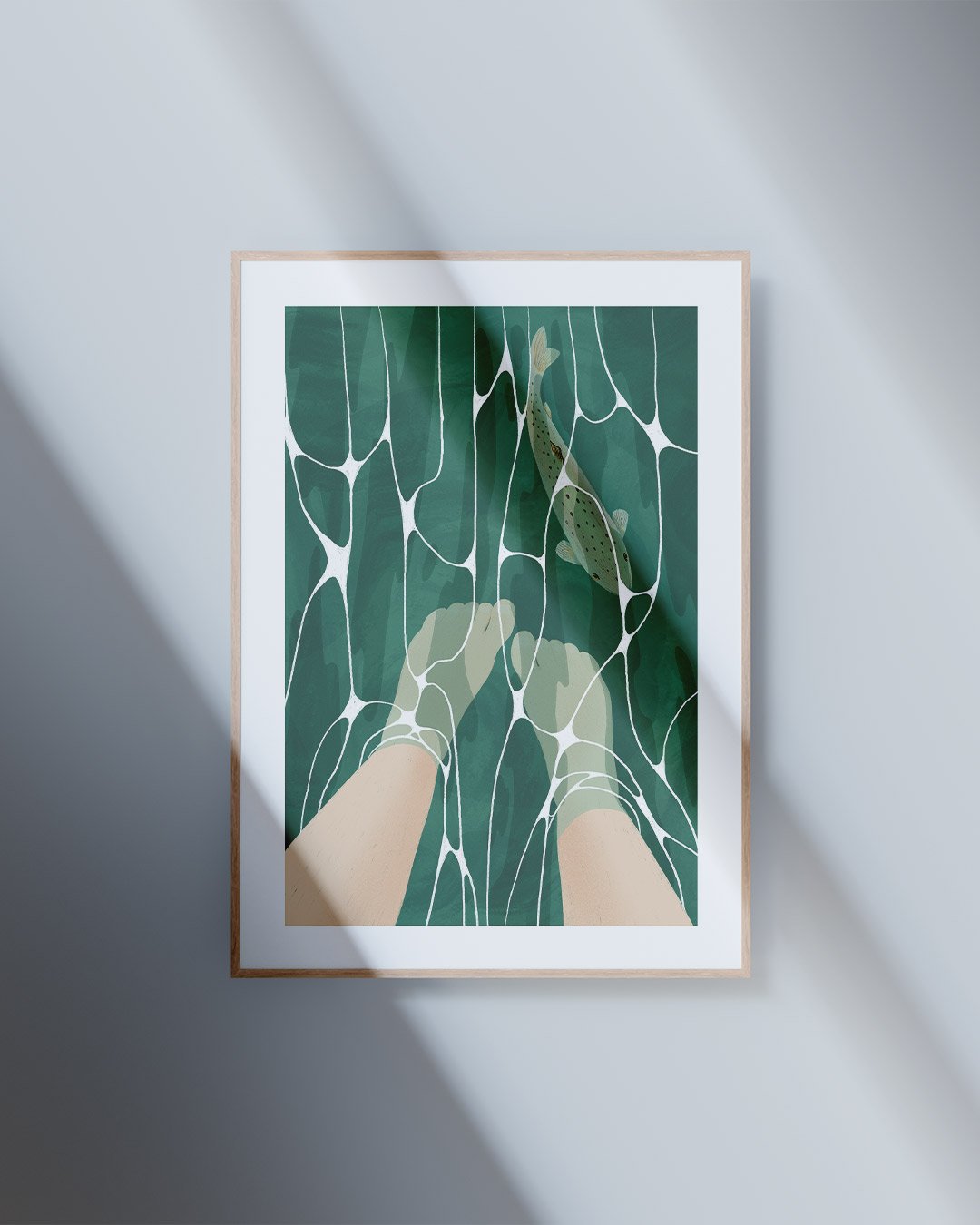 Illustration pieds dans l'eau rivière truite affiche encadrée
