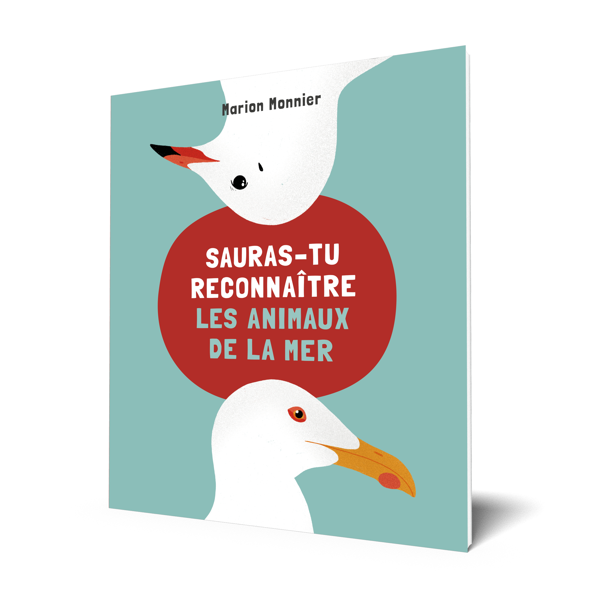 Couverture d'un livre illustrée par Marion Monnier et le titre 'Sauras-tu reconnaître les animaux de la mer' un goéland leucophée et une mouette rieuse sont illustrés sur la couverture