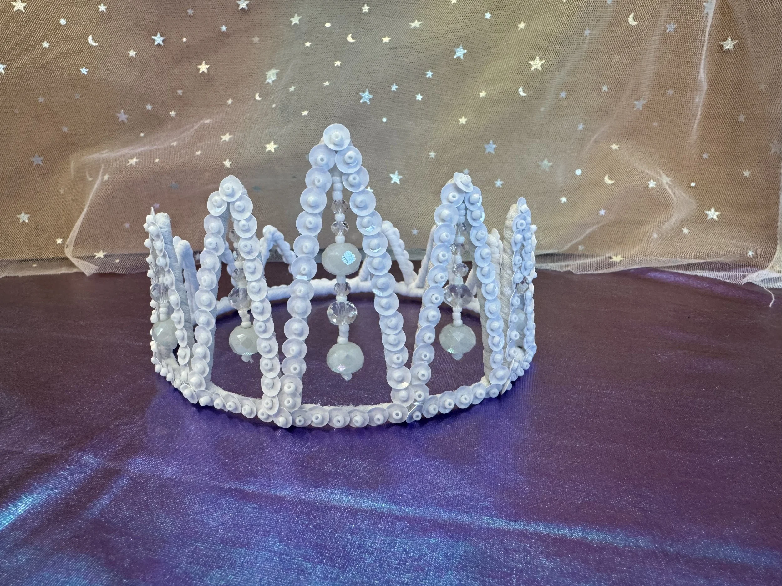 Crown with white milk color sequin, clear crystal and white beads