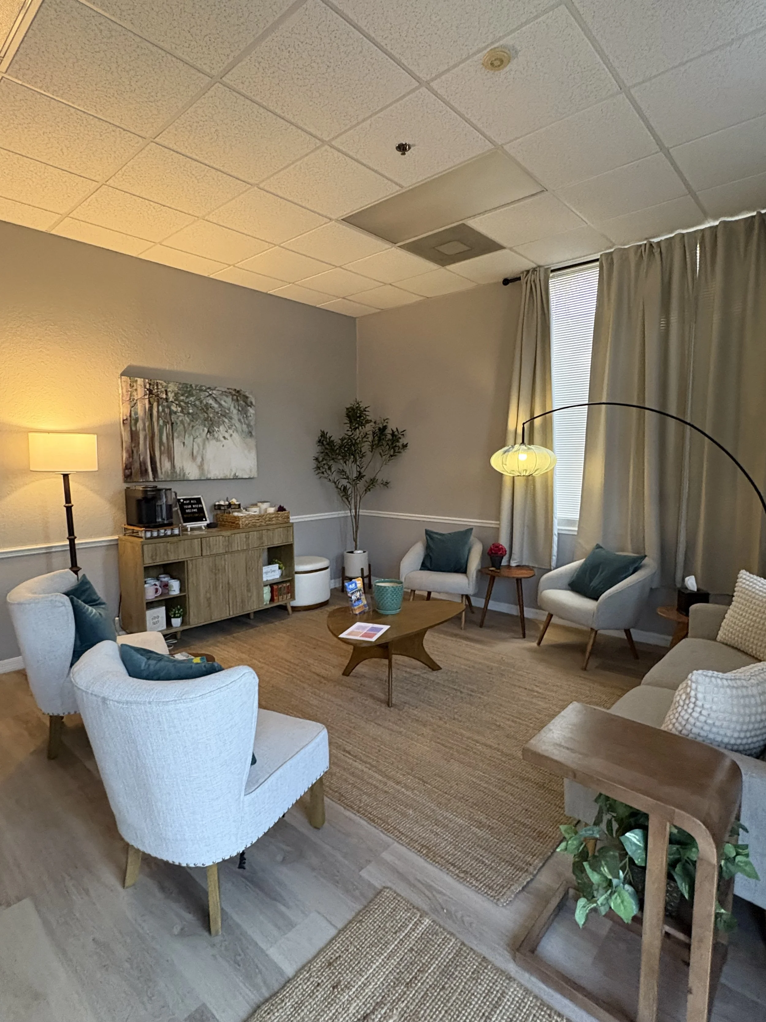 Therapy office with warm lighting and inviting atmosphere