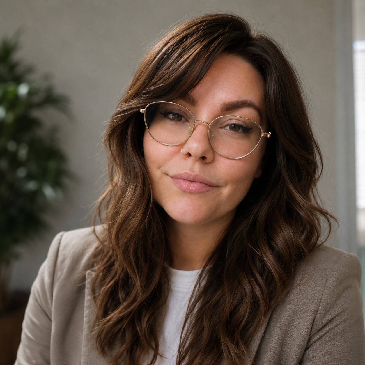 A young woman with medium-length wavy brown hair and glasses, smiling slightly while wearing a light gray sweatshirt with a UCF KNIGHTS design.