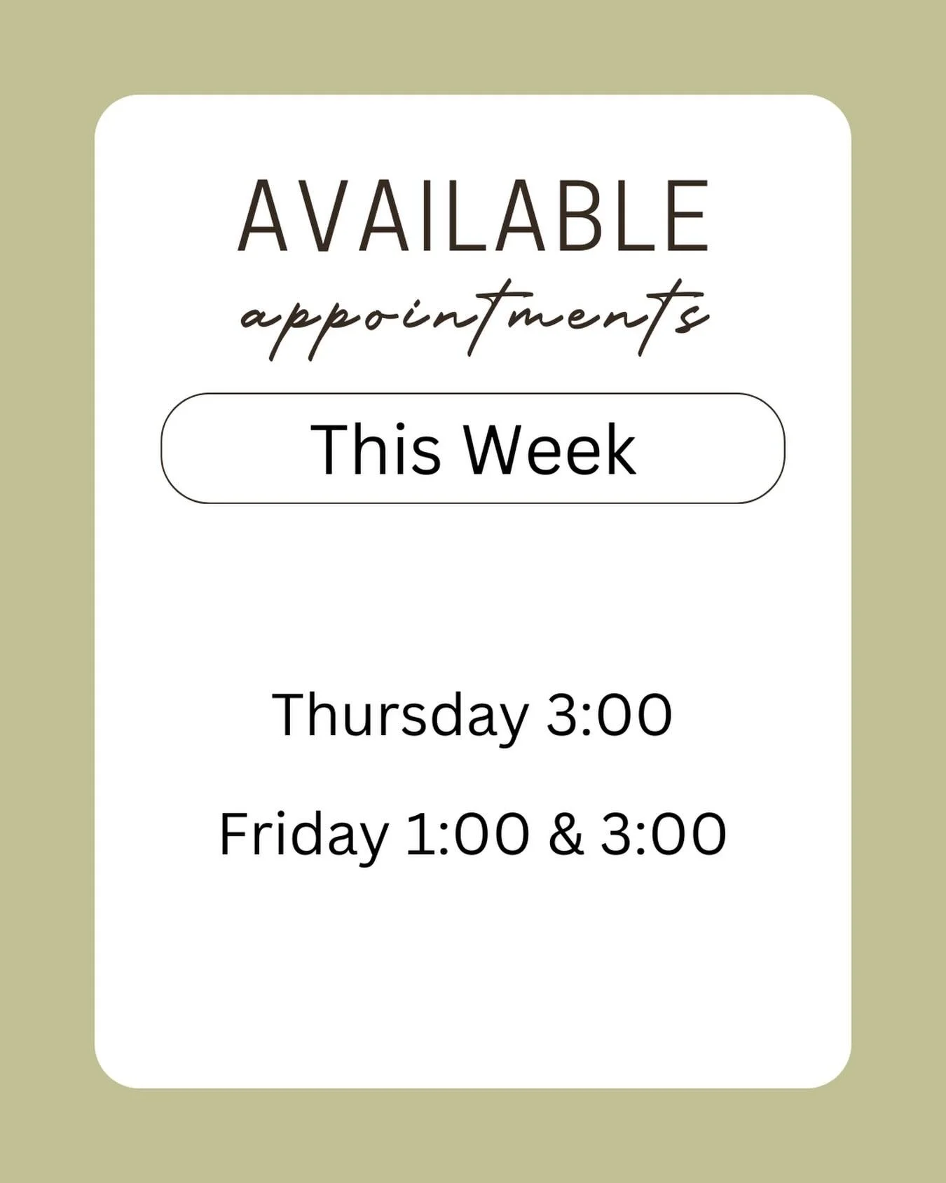 Need a little something to kickstart your weekend? ✨

Grab one of these open spots before they&rsquo;re gone and feel fabulous by Friday!

Thursday 3:00
Friday 1:00 &amp; 3:00

Message or text to claim your spot
613-229-2688
💛