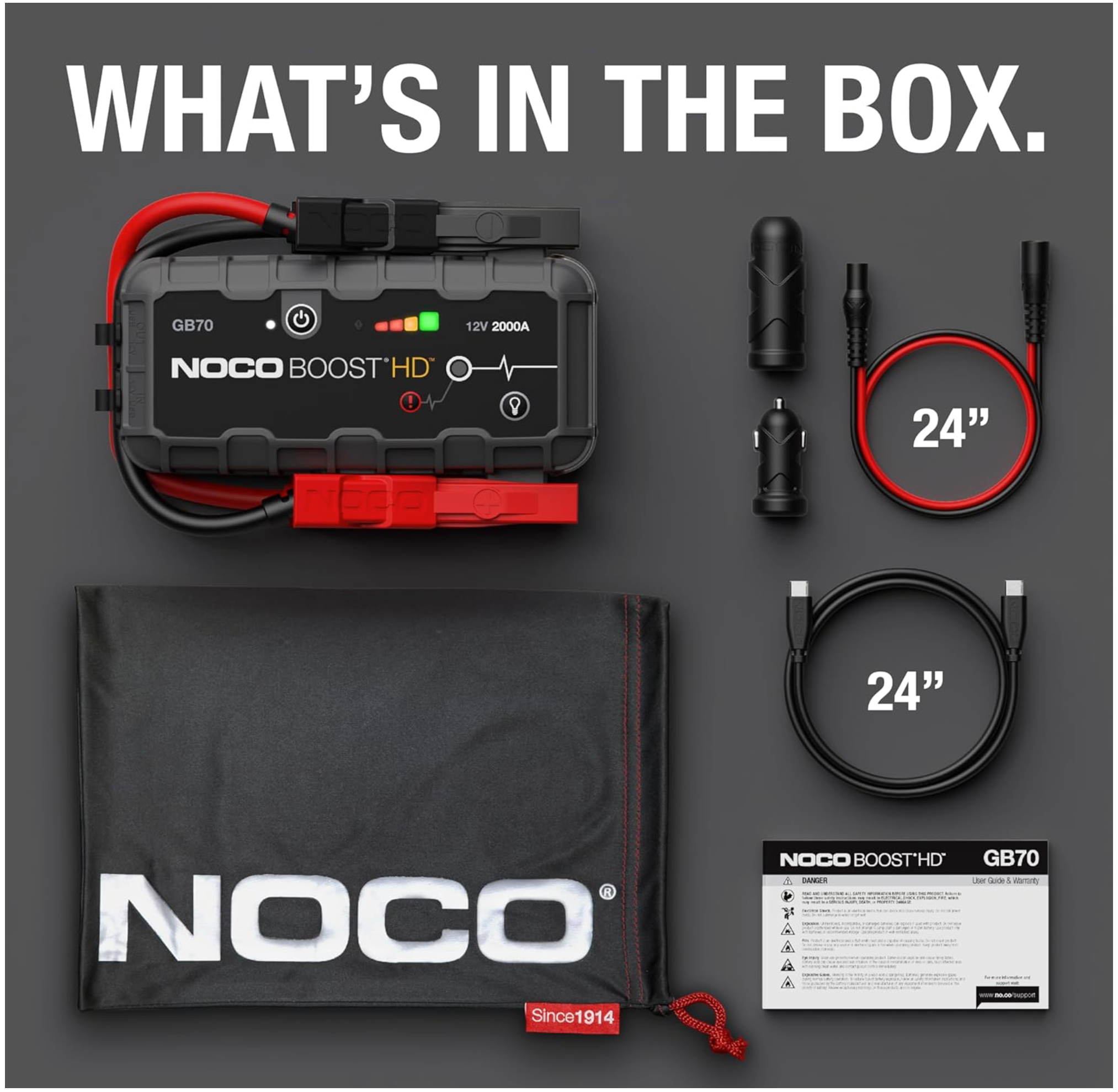 NOCO Boost GB70: 2000A UltraSafe Jump Starter – 12V Lithium Battery Booster Pack, Portable Jump Box, Power Bank & Jumper Cables -