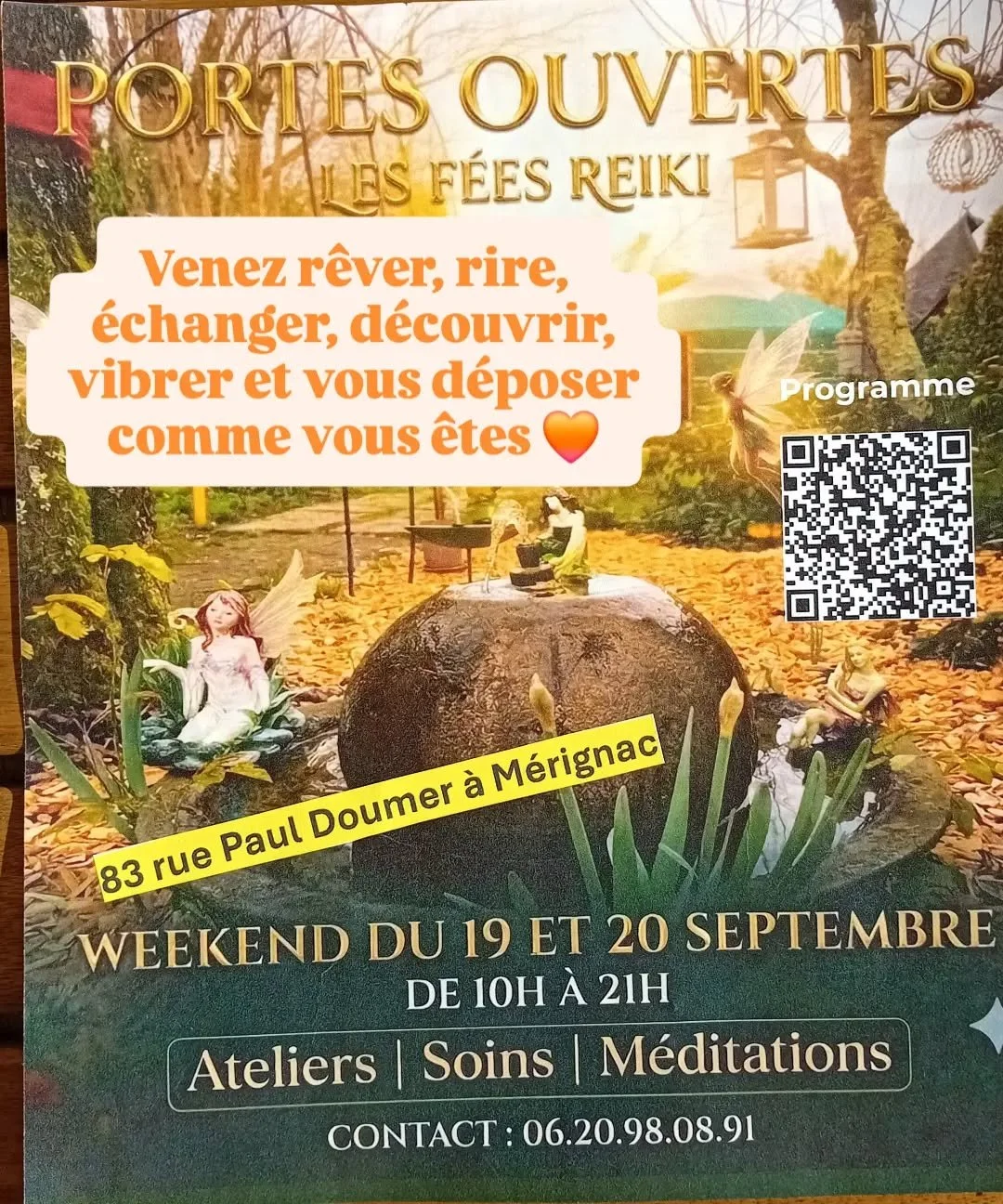 Les f&eacute;es Reiki f&ecirc;tent leurs 20 ans 🌟🌟🌟

✨️Rejoignez-nous pour profiter d'ateliers, de m&eacute;ditations,  de soins &eacute;nerg&eacute;tiques &agrave; plusieurs mains, de concerts ✨️

Nous sommes tous tellement heureux d'organiser ce