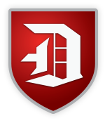 Red shield with a white stylized letter 'D' and design elements.