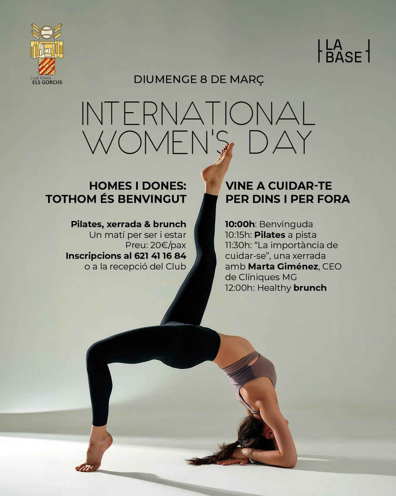 El proper diumenge 8 de mar&ccedil; ens trobem per celebrar el Dia Internacional de la Dona amb una jornada de pilates, xerrada de reflexi&oacute; i brunch saludable ✨

Un mat&iacute; per a tots i totes, per compartir, aprendre i recordar-nos que el 
