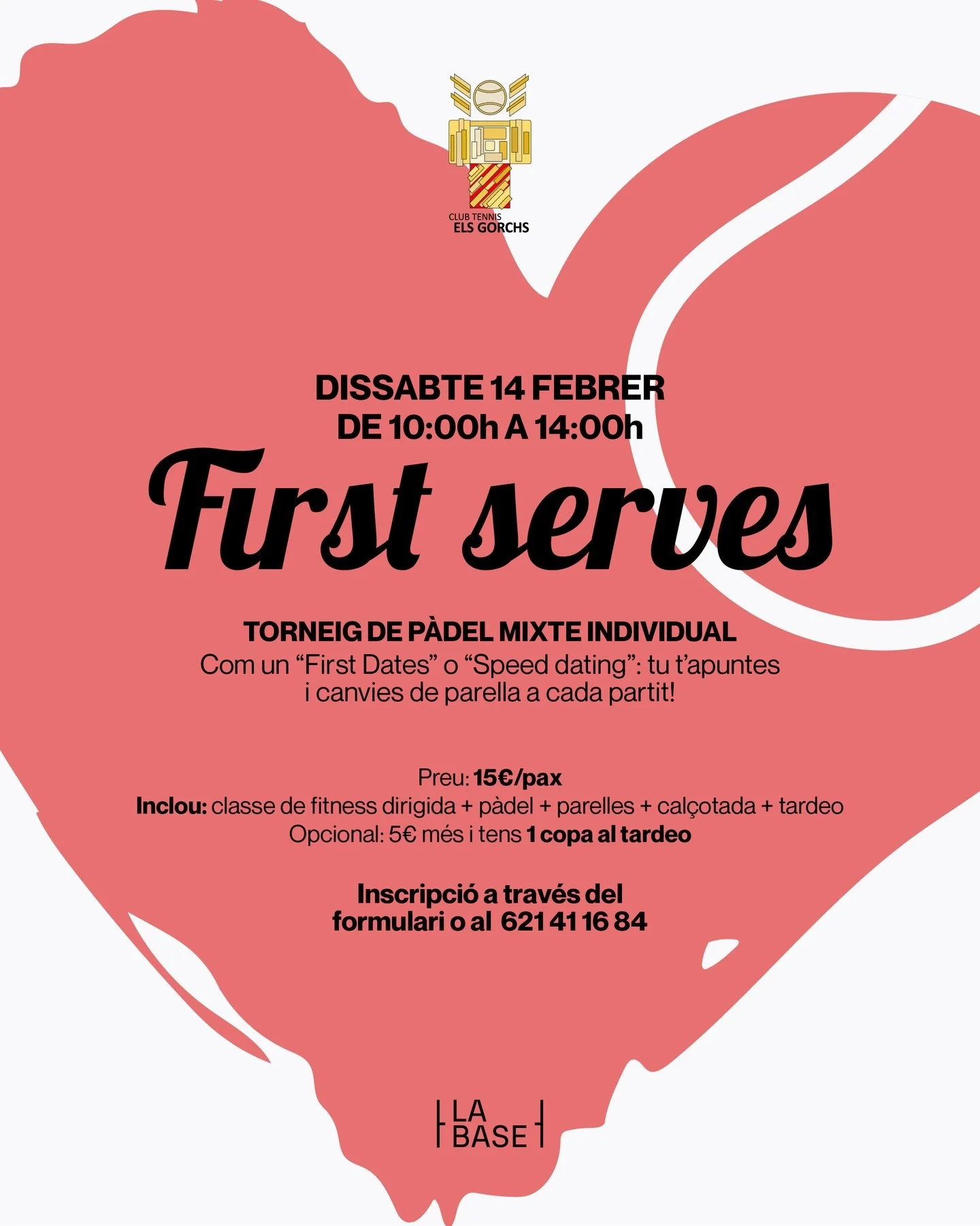 Dissabte 14 de febrer&hellip; amor a primera pala? 🎾💘

Prepara&rsquo;t per viure un mat&iacute; diferent, divertit i amb molt bon rotllo al @clubtenniselsgorchs 😍

&ldquo;First serves&rdquo; &eacute;s el primer torneig de p&agrave;del mixte indivi