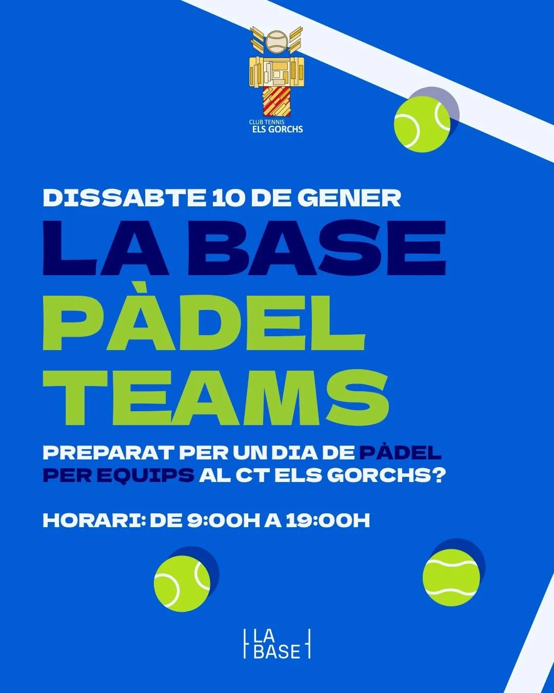 El primer esdeveniment de l&rsquo;any ja &eacute;s aqu&iacute;:
LA BASE P&Agrave;DEL TEAMS 🎾🙌
Un torneig per equips en format expr&eacute;ss per poder donar la benvinguda com cal a la nova temporada i cremar els torrons del Nadal 🤪
Equips d&rsquo;