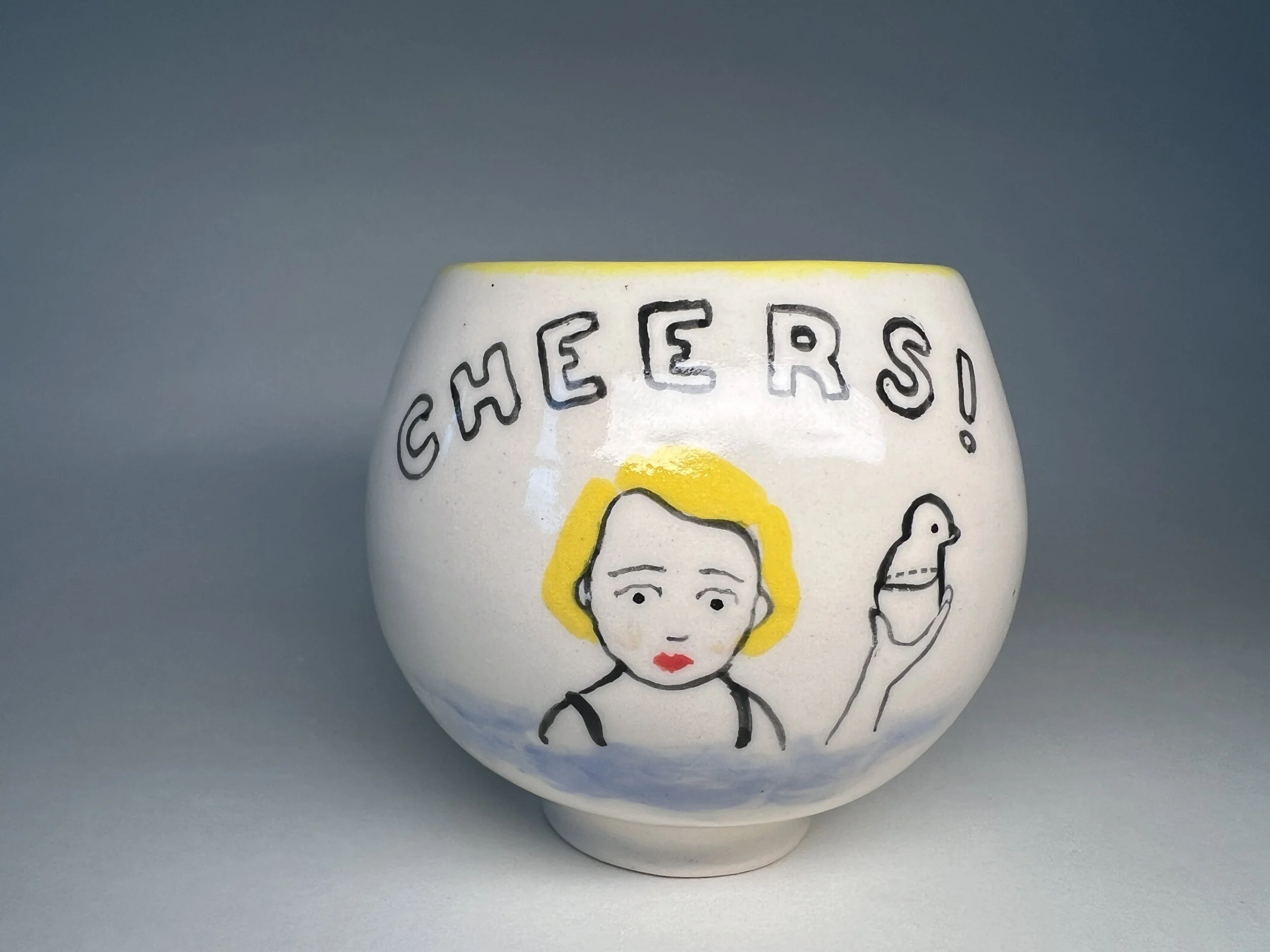 White porcelain 4oz “cheering” cups with (Sunbury yellow or sunset orange interiors) featuring various depictions of dubious river deities with intricate details and expressions.