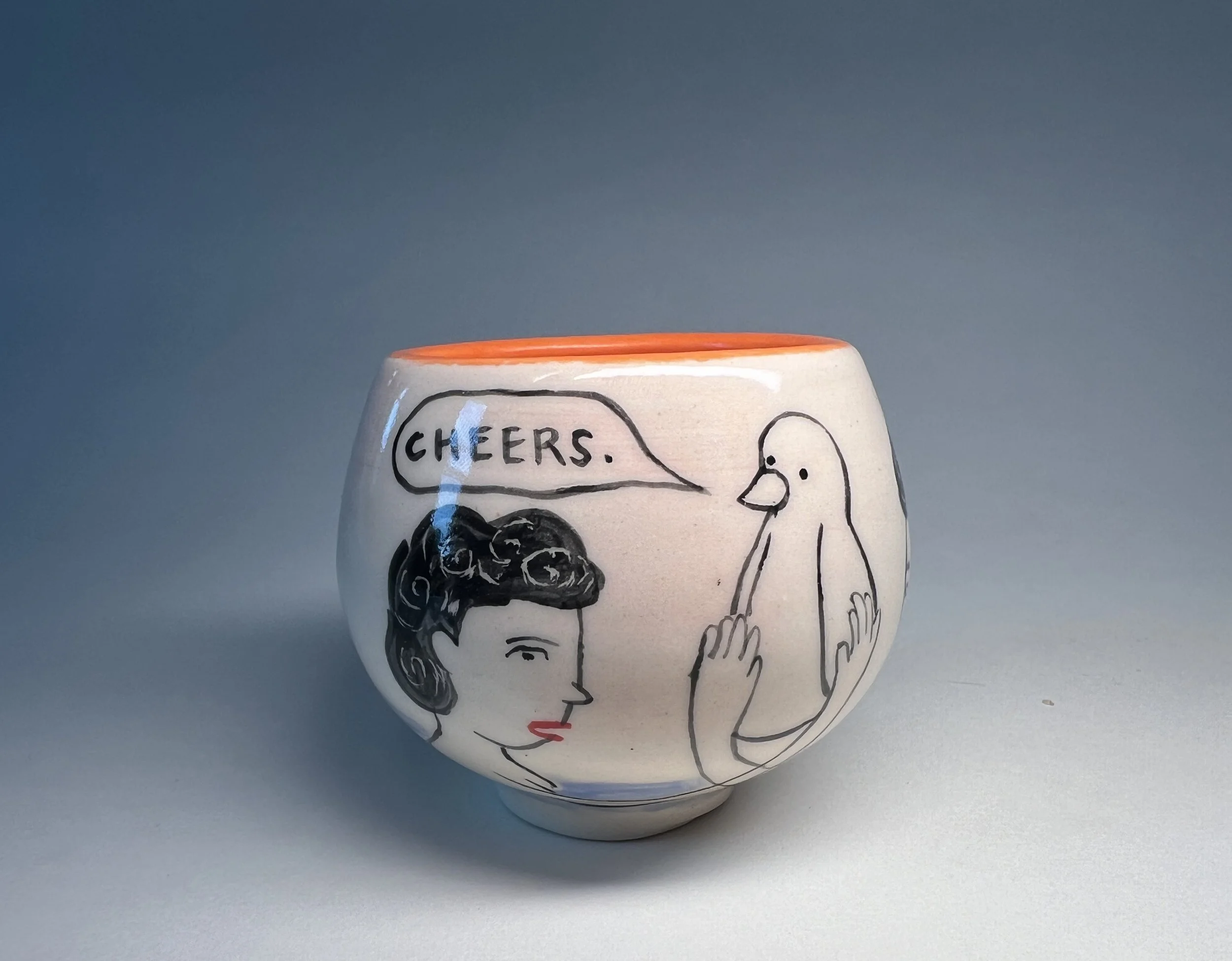White porcelain 4oz “cheering” cups with (Sunbury yellow or sunset orange interiors) featuring various depictions of dubious river deities with intricate details and expressions.