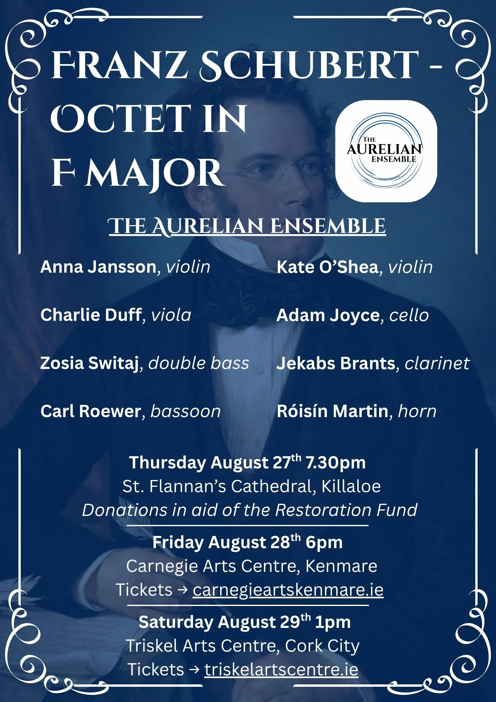 Event poster with a blue background and white decorative borders, announcing concerts by The Aurelian Ensemble featuring musicians Anna Jansson, Kate O'Shea, Charlie Duff, Adam Joyce, Zosia Switaj, Jekabs Brants, Carl Roewer, and Róisin Martin, held on various dates at different venues in Ireland.