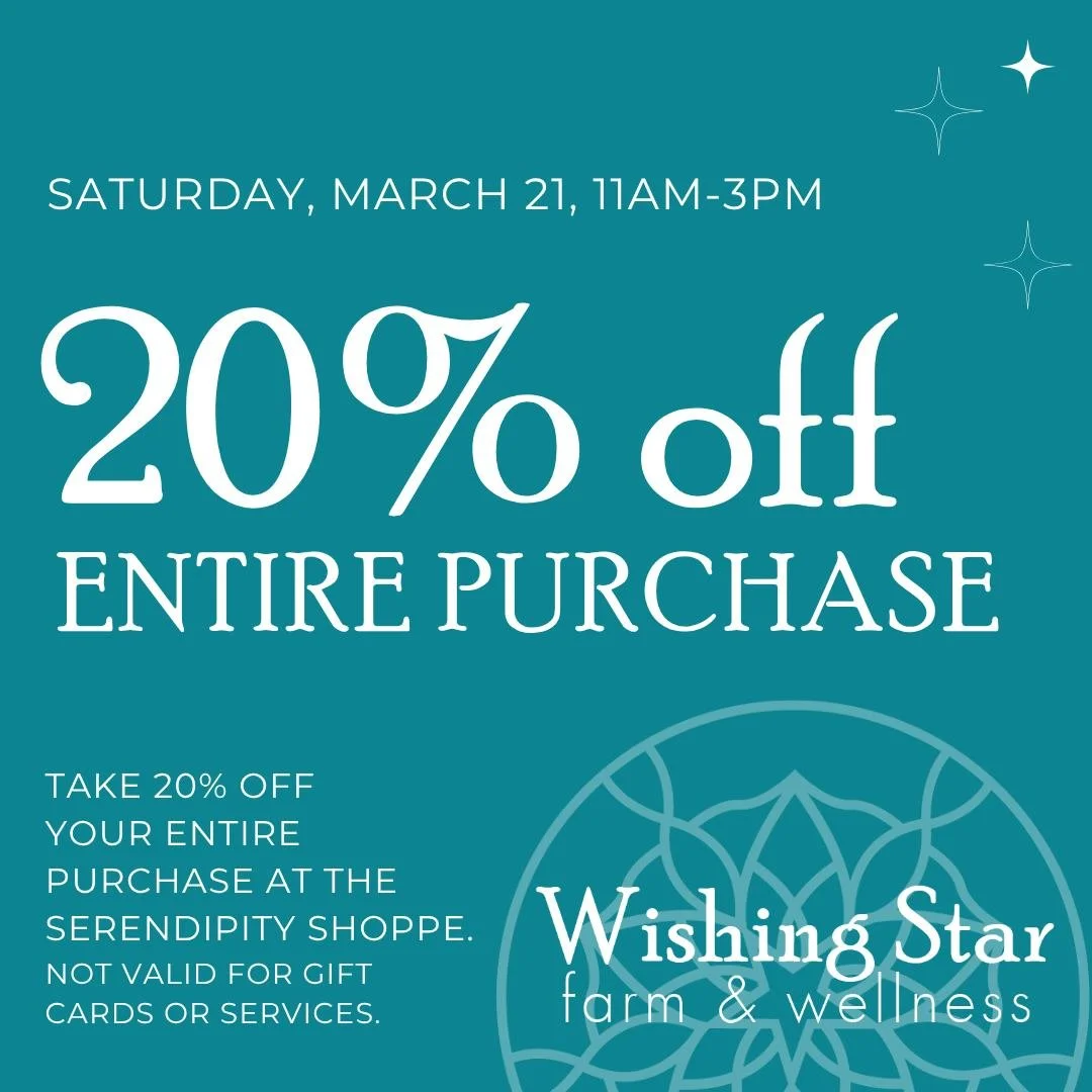 🌷🛍 We're celebrating the Spring Equinox with 20% off your entire purchase at the Serendipity Shoppe tomorrow from 11am-3pm!

If you've never stopped by before, we have crystals, candles, jewelry, oracle decks, books, journals, body products, bags, 