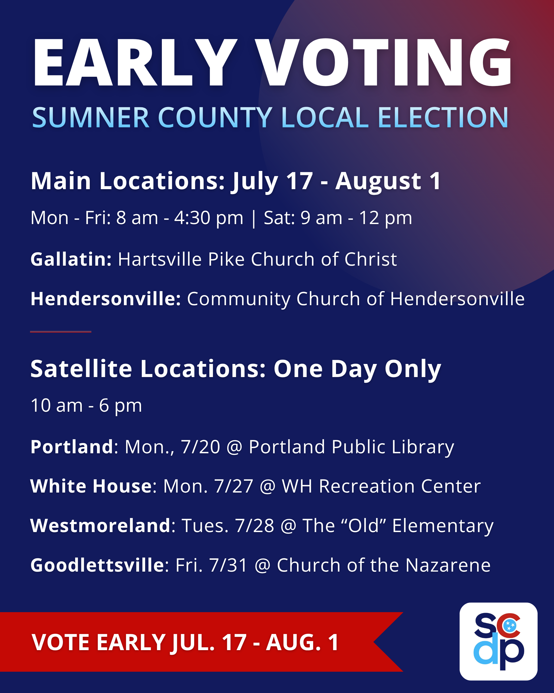Early voting schedule for the August 2026 election in Sumner County TN