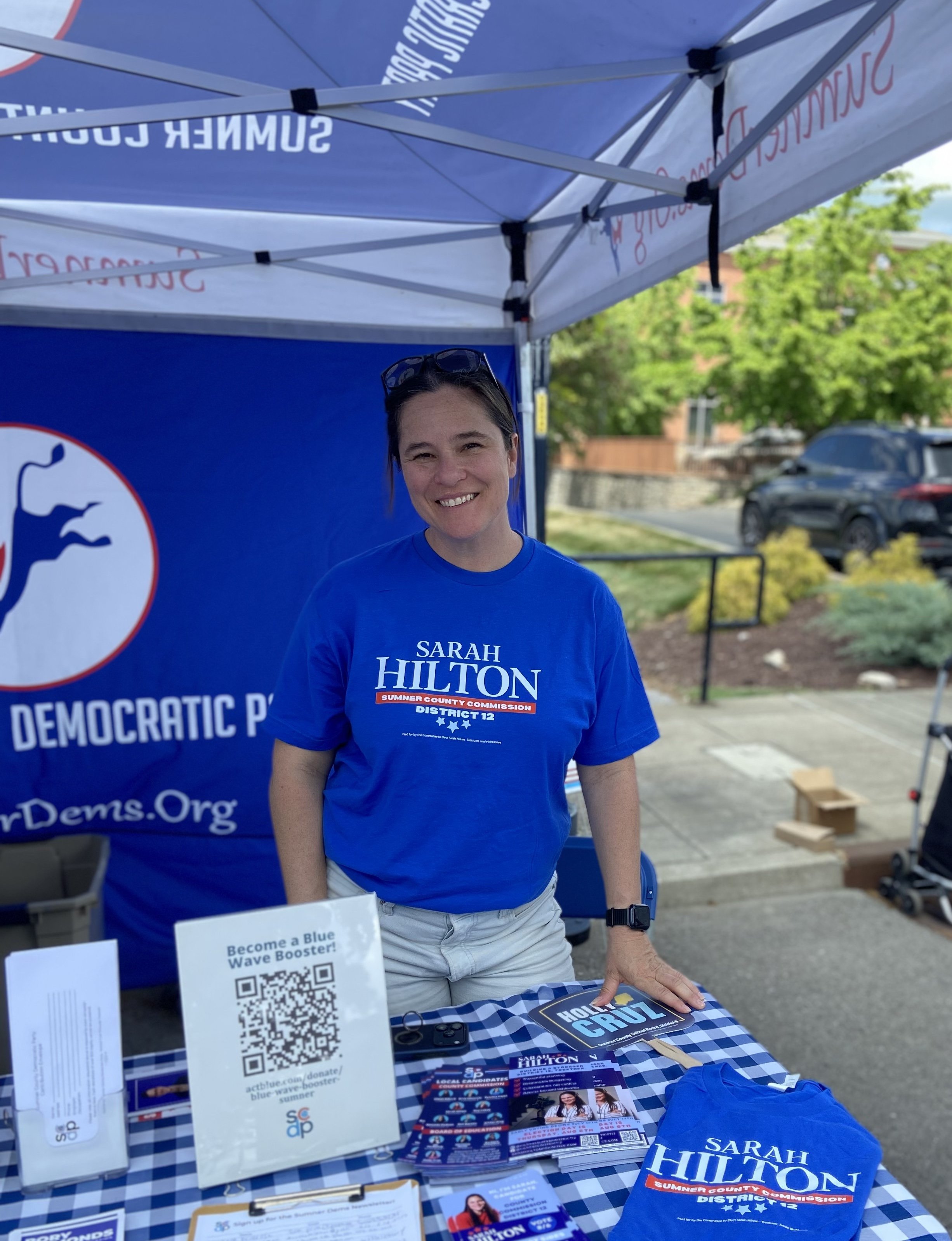 Sarah Hilton wearing her campaign shirt at the Square Fest event in Gallatin