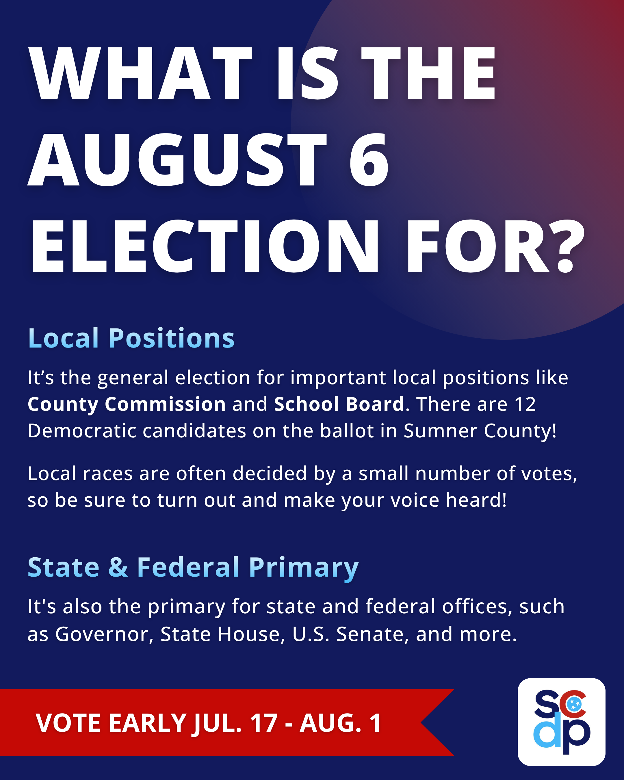 Graphic explaining that the August 6, 2026 election is for local positions and the primary for state and federal offices