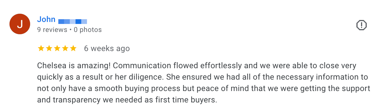 Screenshot of a Google review by John, five stars, praising Chelsea for excellent communication and smooth process.