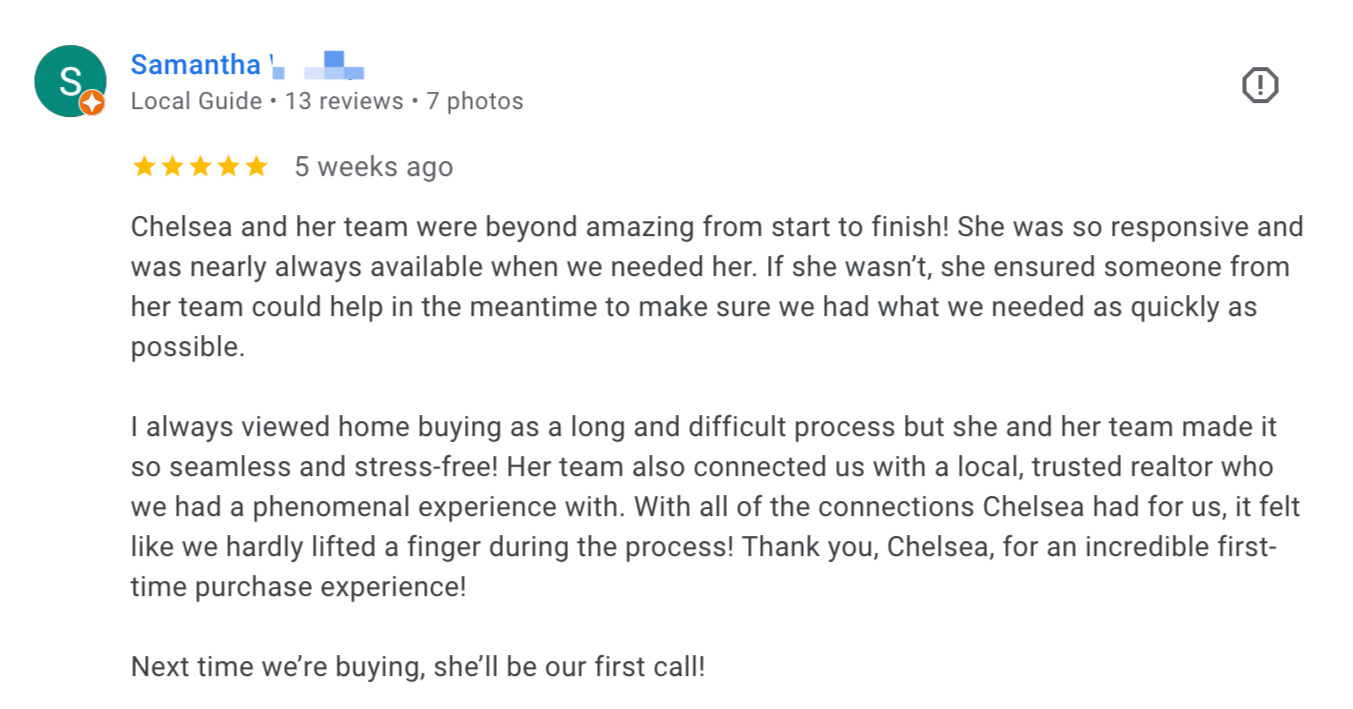 Screenshot of a Yelp review praising Chelsea and her team for their responsiveness and helpfulness in the home buying process.