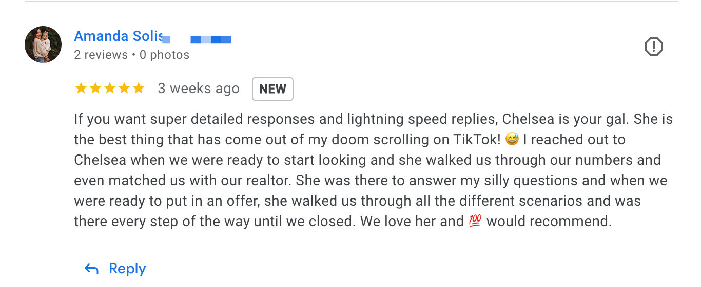 A screenshot of a Google review from Amanda Solis praising Chelsea for helpful real estate advice, including a photo of two women hugging outdoors.