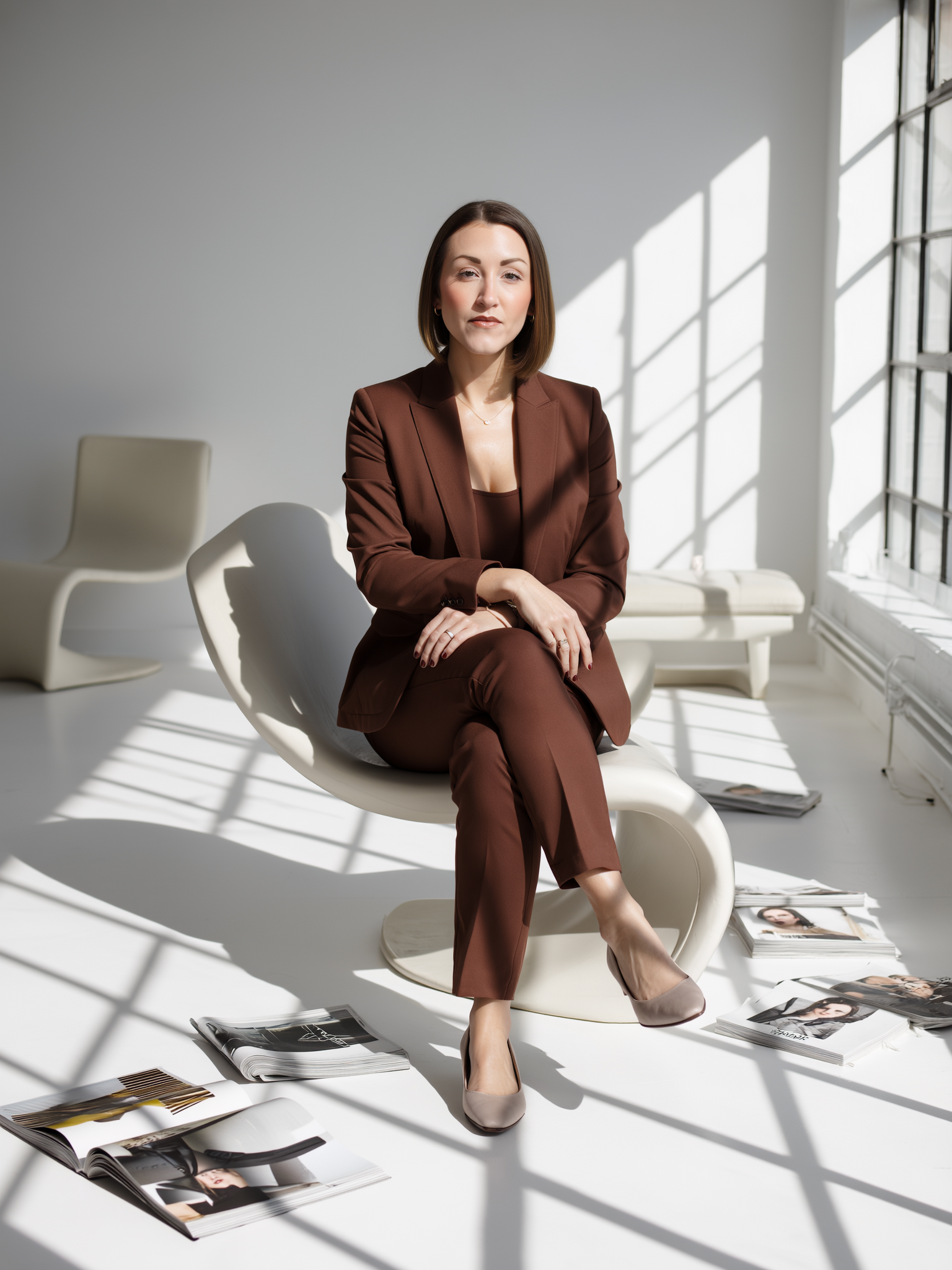 A woman in a brown suit sitting on a white modern chair in a brightly lit room with sunlight coming through large windows, surrounded by magazines and catalogs on the floor.